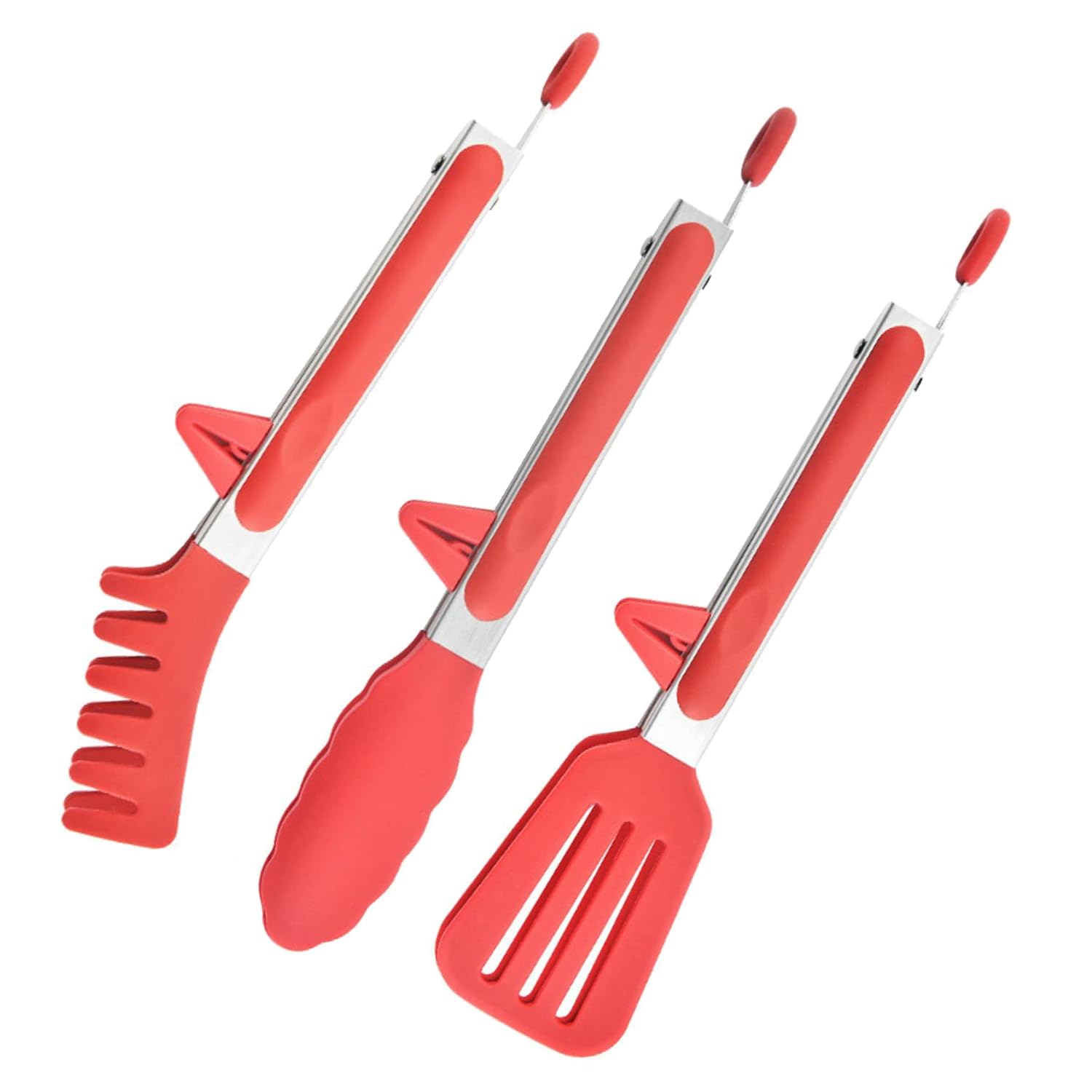 Arqivo 3 Piece Red Silicone Kitchen Tongs For Cooking,Stainless Steel Nonstick Food Grade Mini Serving Tongs With Pasta, Salad, 