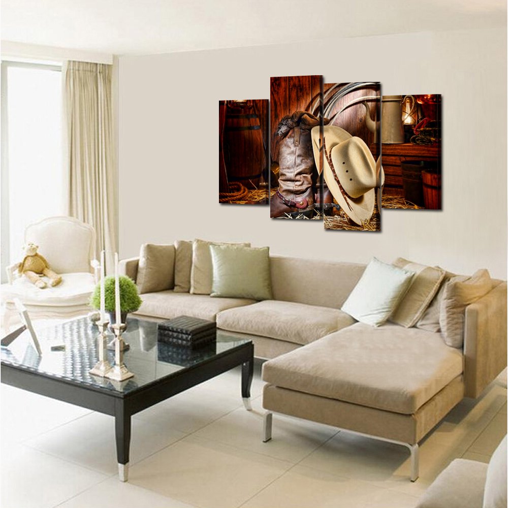 KREATIVE ARTS - 4 Pieces Canvas Prints Wall Art American West Rodeo Cowboy White Straw Hat on Leather Rancher Roper Boots Vintage Style Stretched Gallery Canvas Wrap Giclee Print Ready to Hang