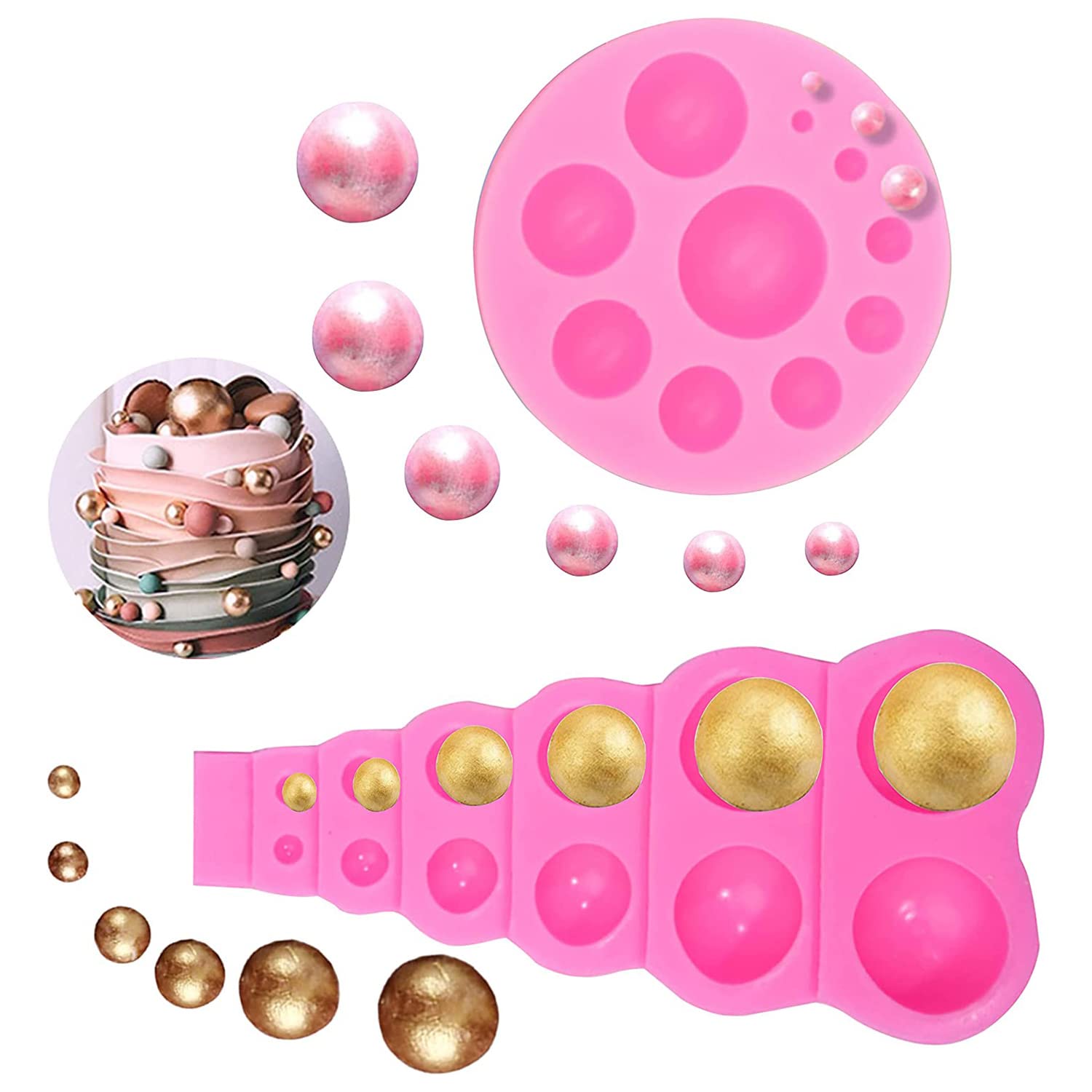 Woohome 3D Pearl Fondant Mold 3D Half Round Pearl Fondant Silicone Molds Semi Sphere 3D Chocolate Molds For Chocolate, Fondant C