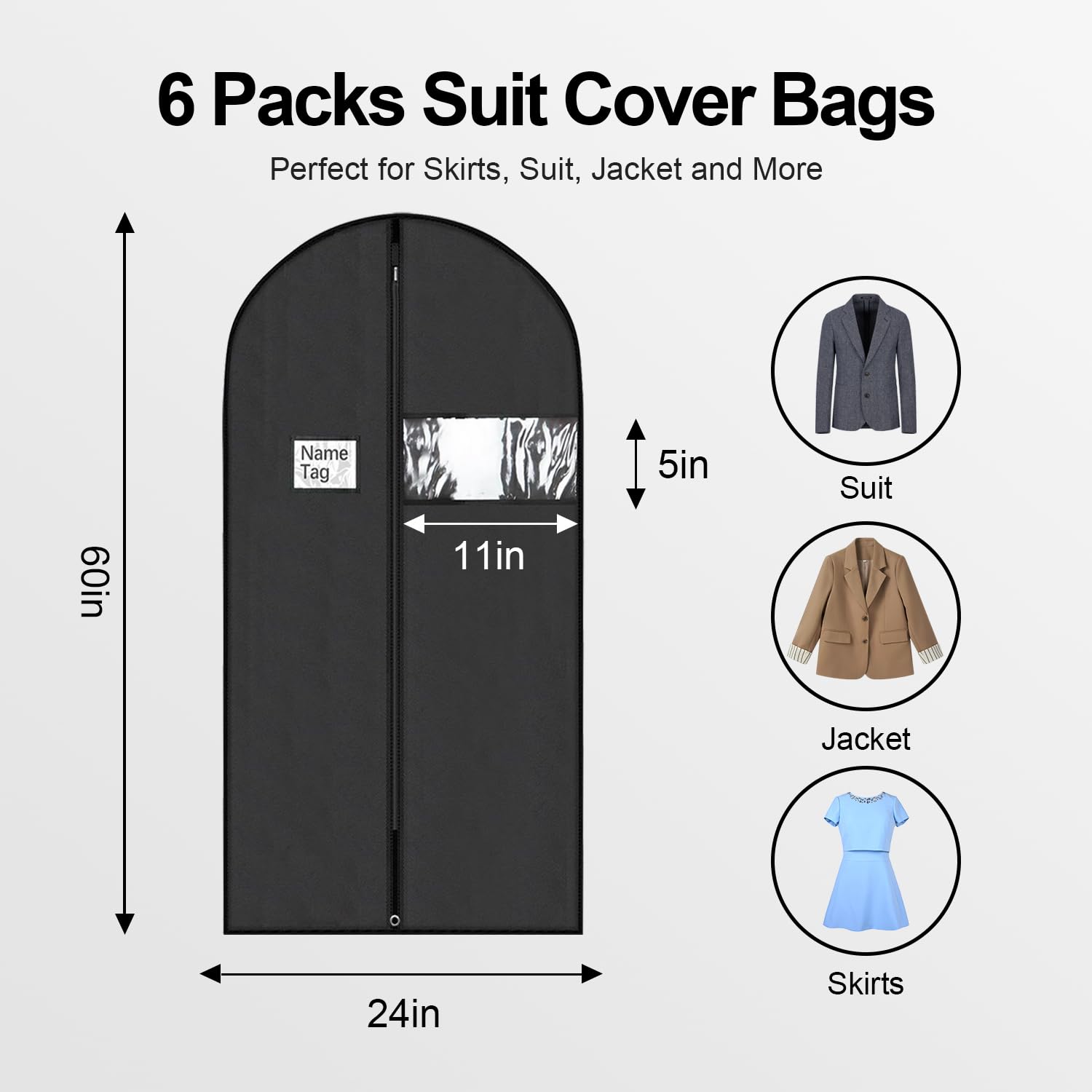 Wellong 6 Packs Dress Bags, 60 Inches Suit Cover Bags For Travel And Storage, Non-Woven Breathable Hanging Garment Bags For Clos