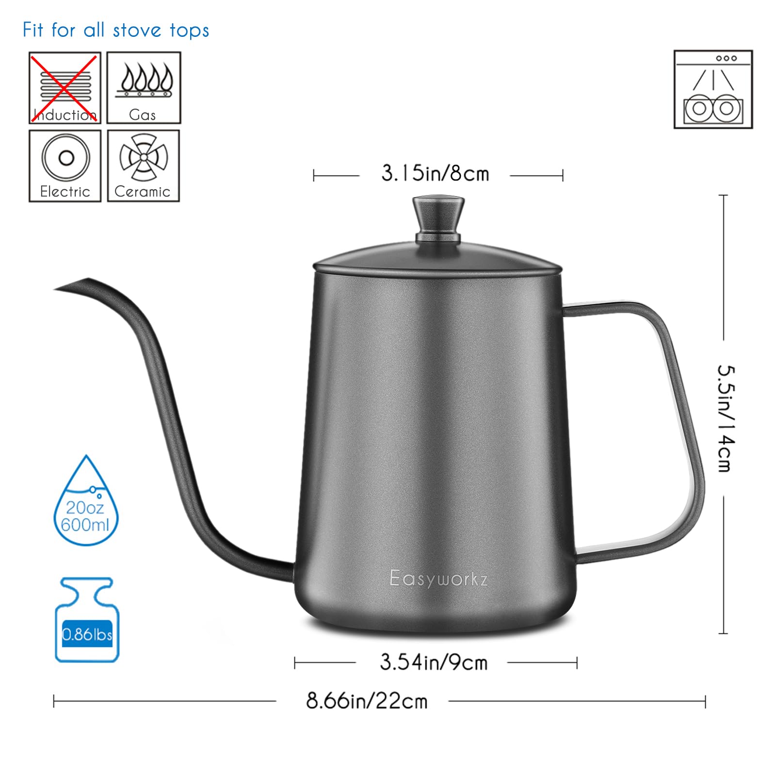 Easyworkz Gage Gooseneck Pour Over Coffee Kettle 20 Oz Stainless Steel Hand Drip Coffee Pot With Long Narrow Spout