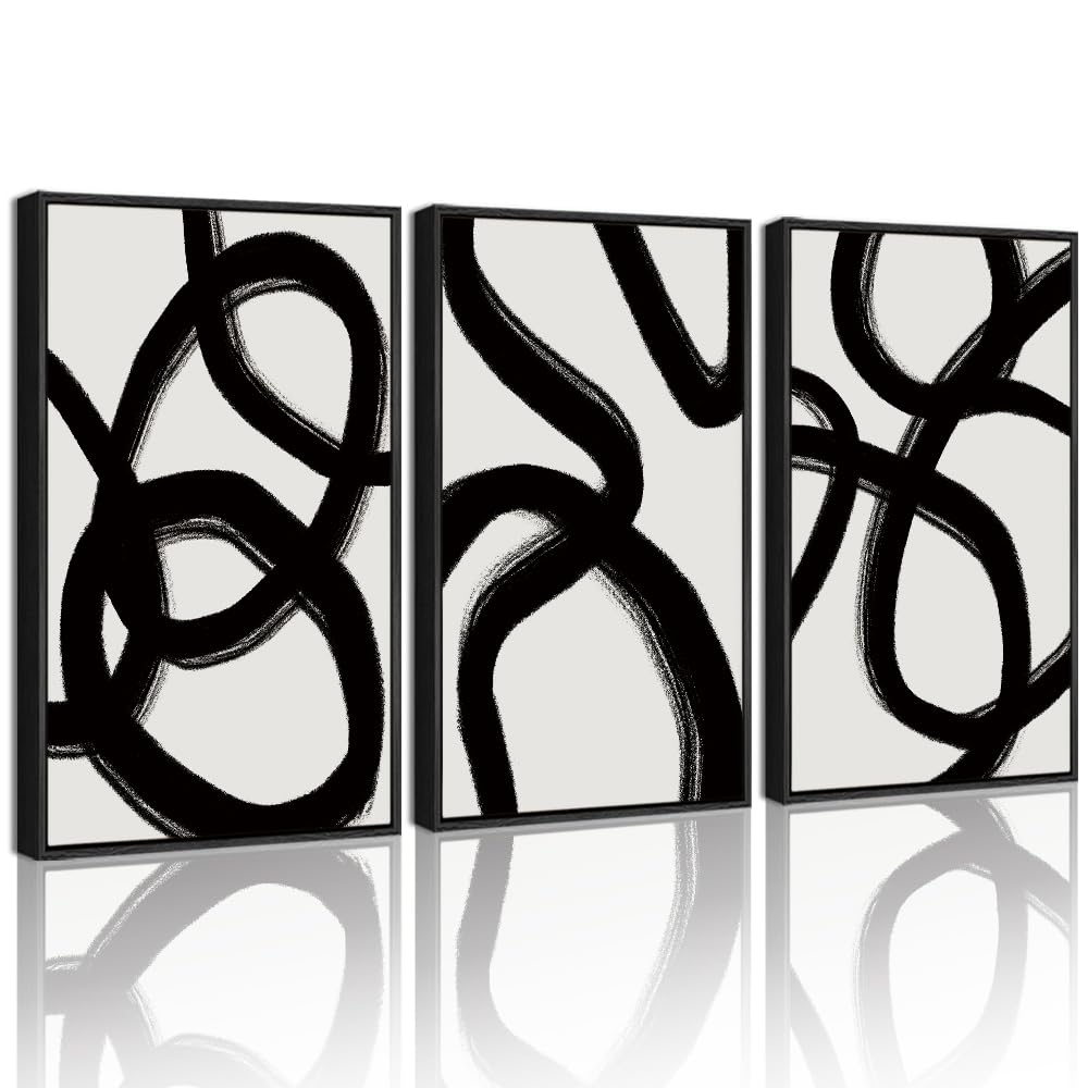 Drsoum Black and Gray Abstract Framed Wall Art Decor Duotone Minimal Dark Brush Stroke Prints Shapes Illustrations Modern Art De
