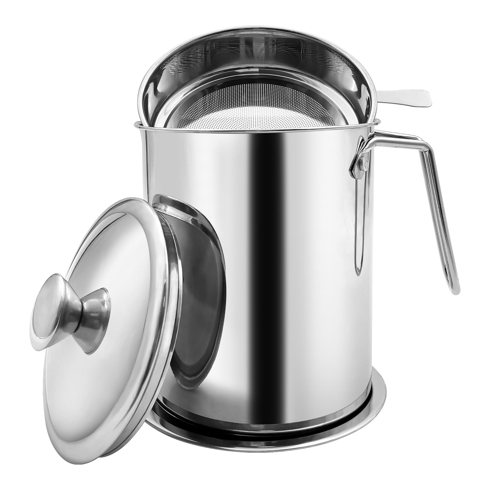 Zalaxt Bacon Grease Container With Strainer, 2.1L Grease Strainer and Container with DustProof Lid, 304 Stainless Steel Oil Fil