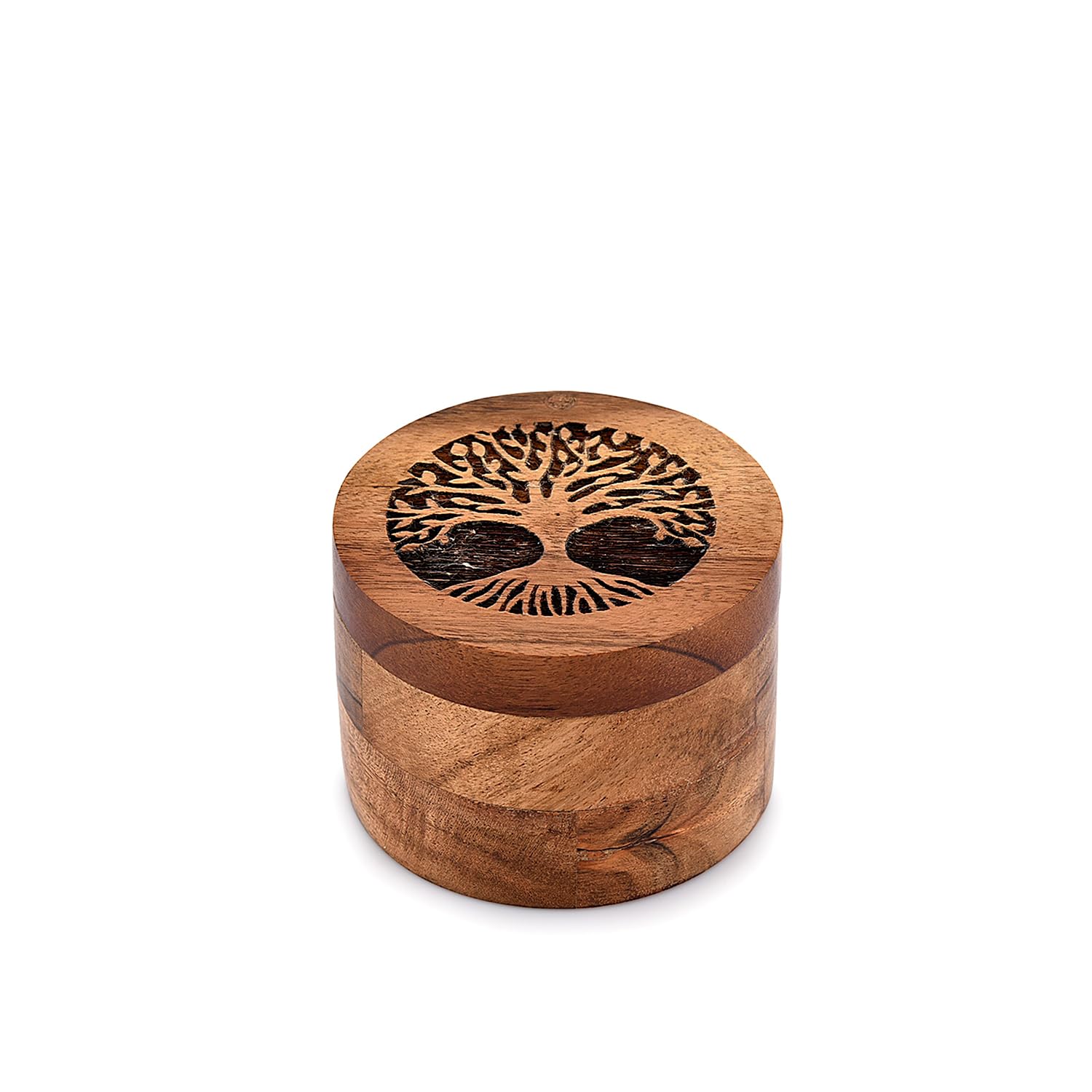 Edhas Acacia Wood Spice Cellars Box With Lid For Kitchen, Countertop, Round Storage Box For Spices (3.5'' X 3.5'' X 2.5'')