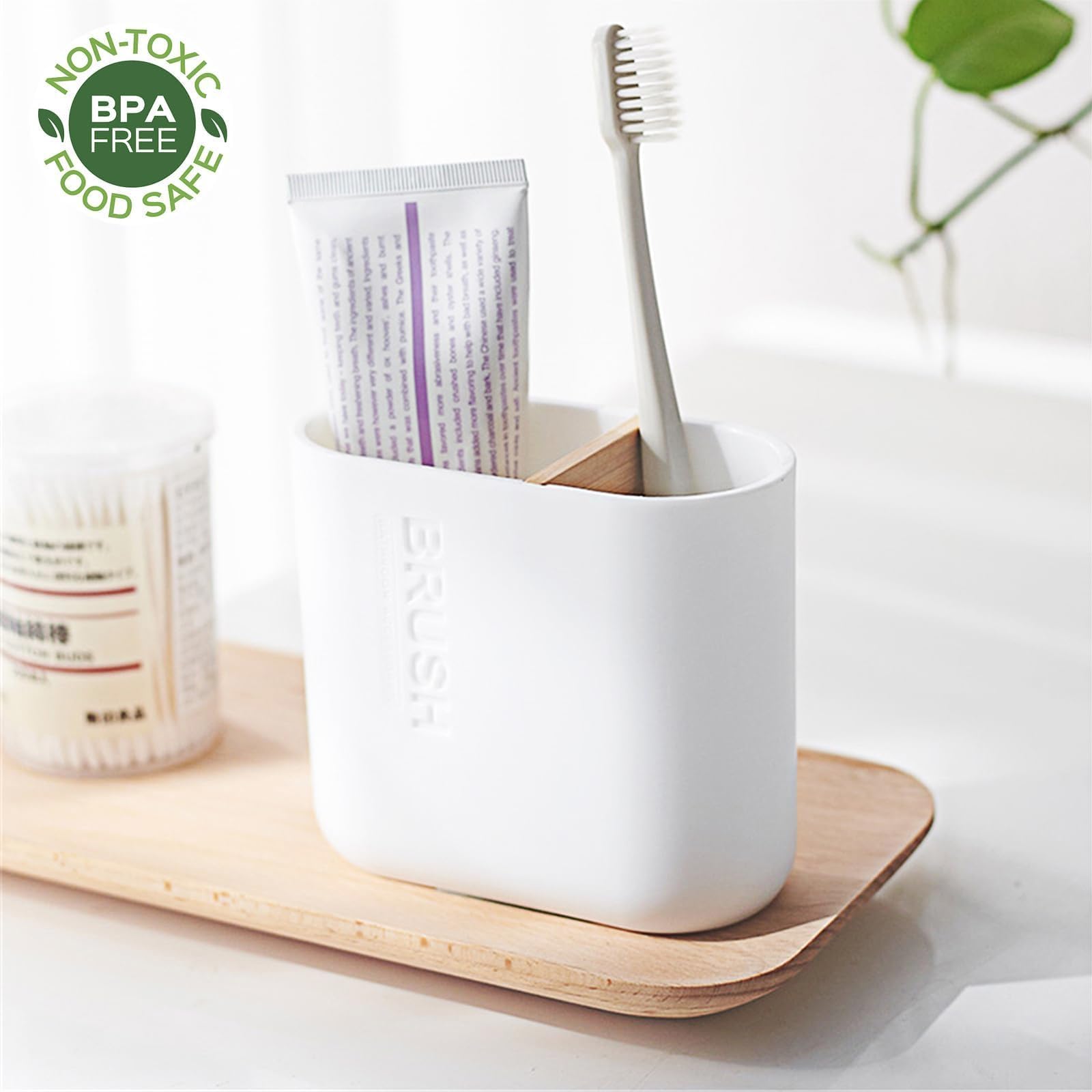 Toothbrush Holders Bamboo Electric Toothbrush Holder Bathroom Storage Organizer Countertop For Toothpaste, Floss, Razor, White