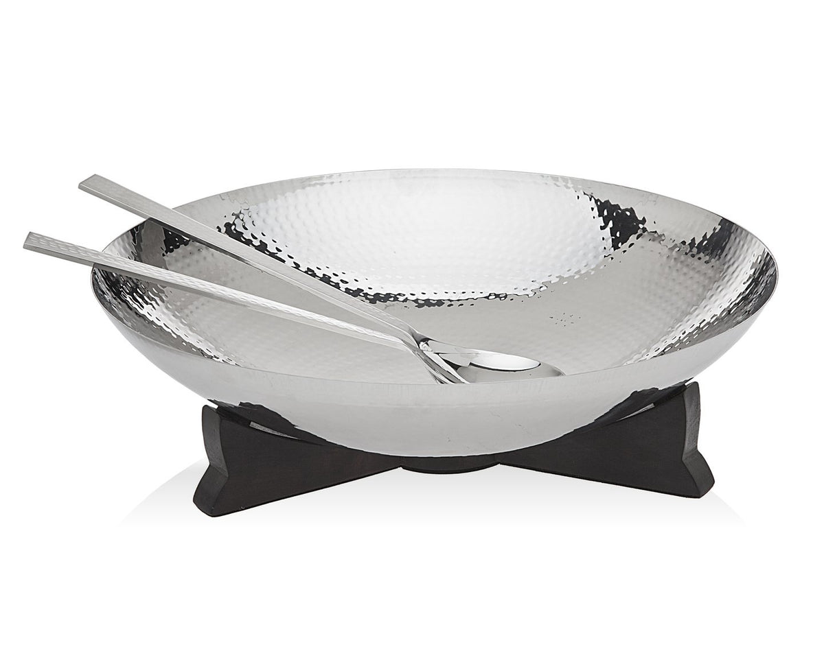 Godinger Hammered Salad Bowl With Wooden Base & Server, Silver