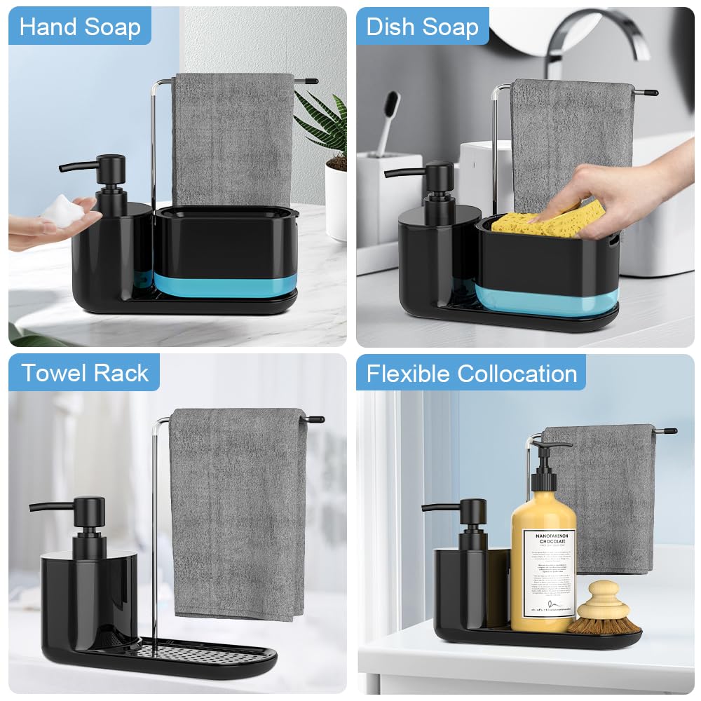 Hand And Dish Soap Dispenser Set, Kitchen Soap Dispenser Set With Tray, Sponge Holder And Rag Holder, 4-In-1 Organizer For Kitch
