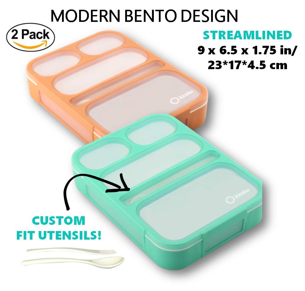 Kinsho Bento Box For Adults And Kids, Leakproof Lunch-Boxes With Custom Fit Spoon And Fork, Portion Control Container, Bpa Free,