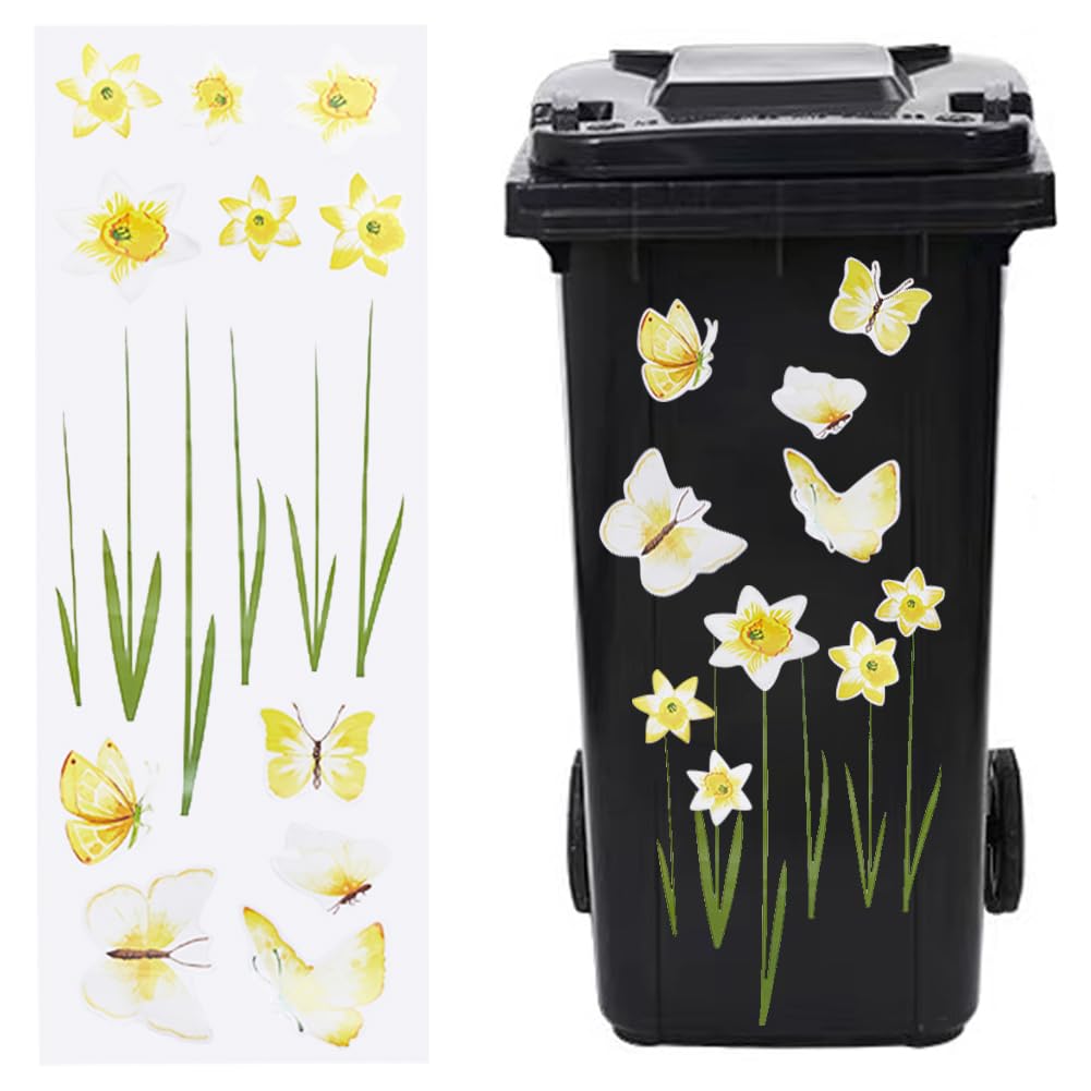 GORGECRAFT Wheelie Flower Stickers Waterproof Trash Stickers for Trash Cans Decorative Plant Butterfly Decals Self Adhesive Flor