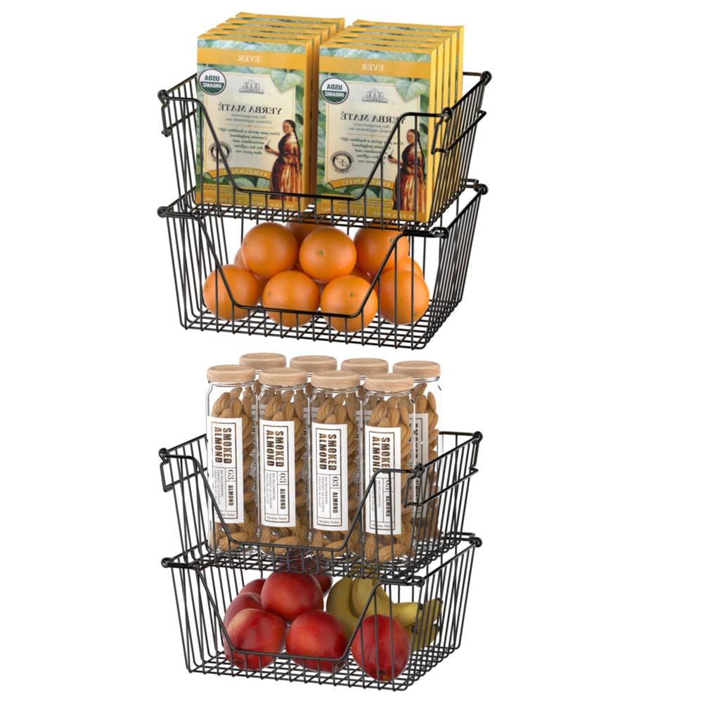 Slideep Wire Storage Baskets For Organizing, 4 Pack 14'' Stacking Metal Wire Freezer Organizer Bins With Handles, Large Pantry B
