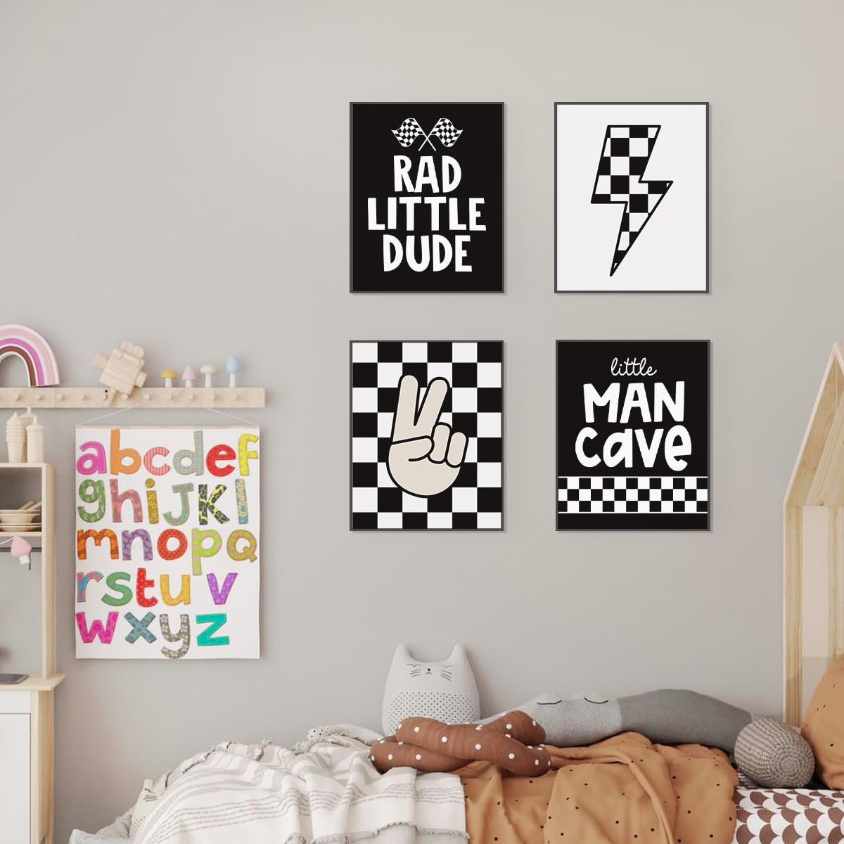 PLKMN Little Dude Prints Set of 4, Retro Black Buffalo Plaid Wall Art, 8x10 Inch, Unframed, Model LH-55, Preppy Peace Decor