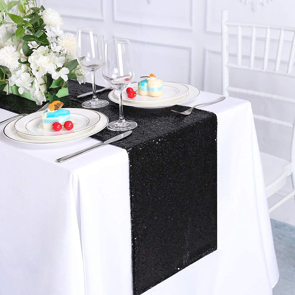 Jyflzq Black Sequin Table Runners 12'' X 108'' Pack Of 5 Glitter Sequin Fabric Table Linens - Sparkly Runners For Wedding & Birt
