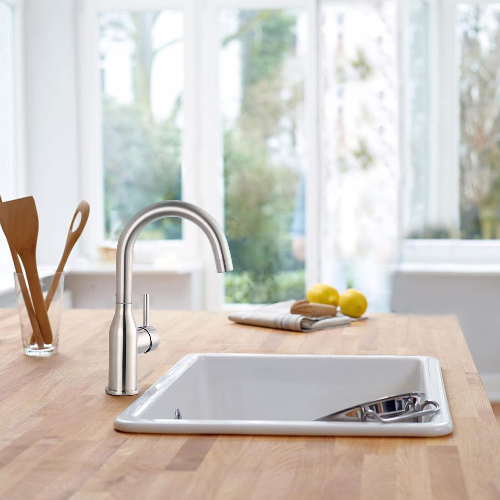 Wowow Single Handle Bar Sink Faucet 1 Hole Bar Faucet Brushed Nickel Small Kitchen Faucet Modern Commercial Faucet For Sinks Rv