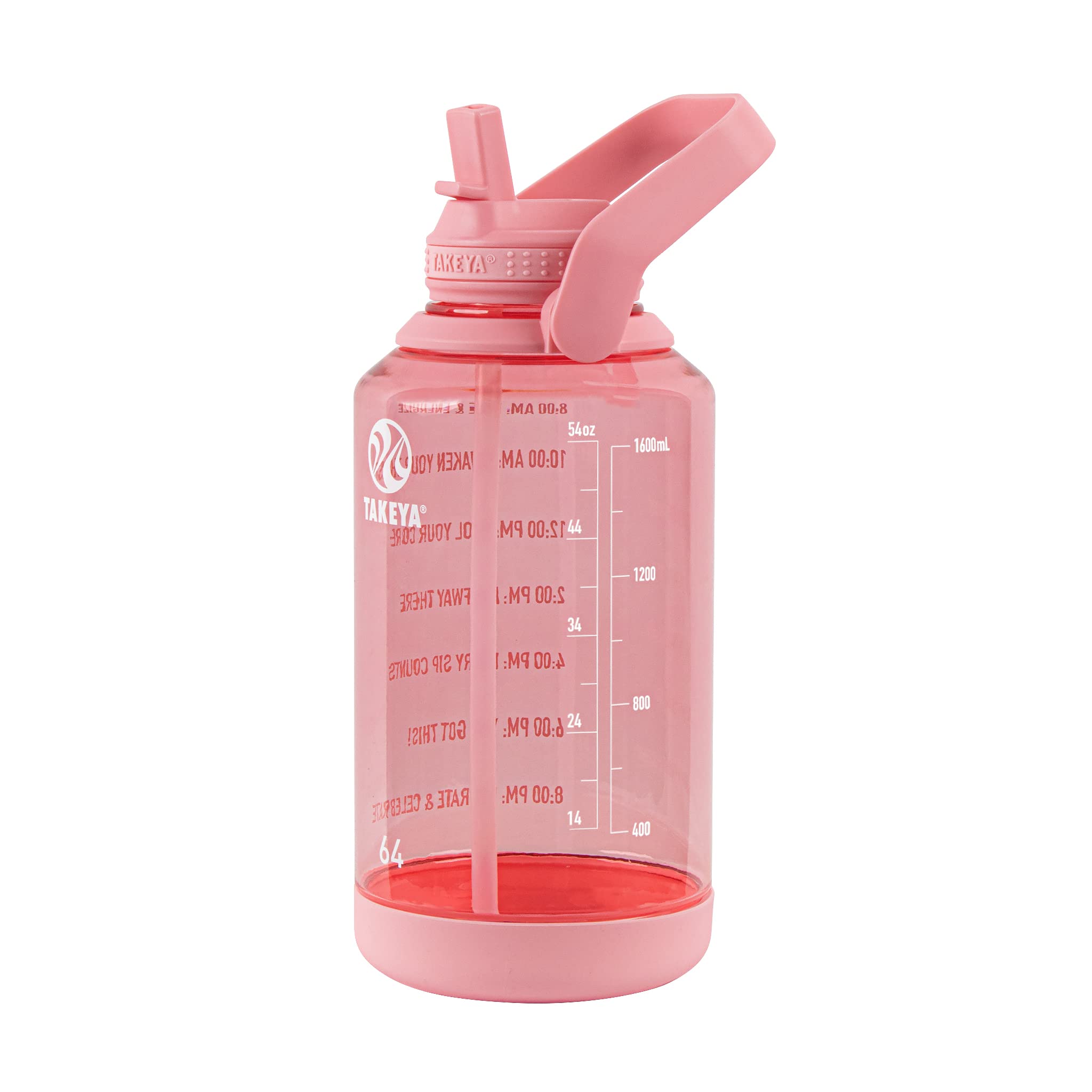 Takeya Premium Quality Motivational Water Bottle With Straw Lid, Times To Drink, Bpa Free Tritan Plastic, 64 Ounce, Flutter Pink