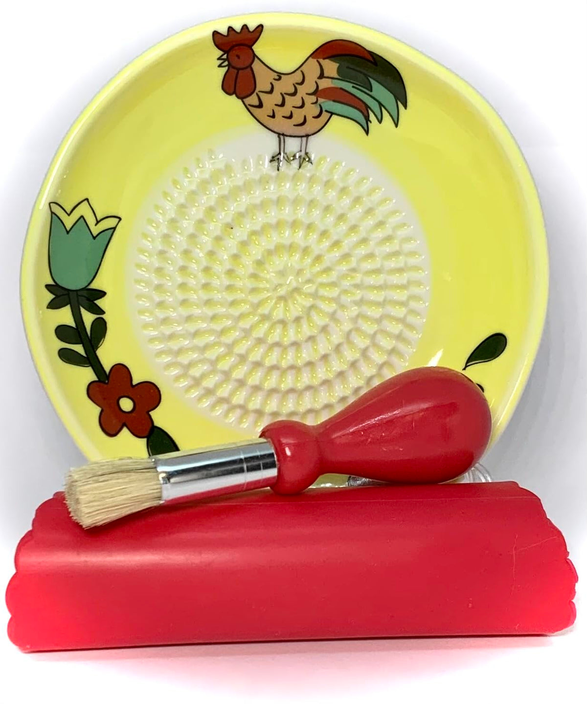 Boncera, All-In-One 4 Pcs Set, Premium Ceramic Garlic Grater Set - Hand-Made, Rooster Design Grater Plate W/Garlic Peeler, Gathe
