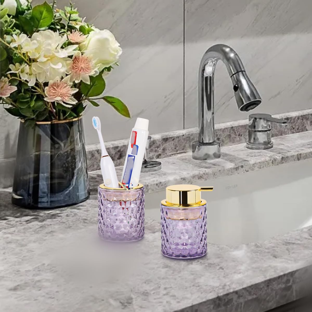 Fvstar Purple Bathroom Accessories Set, 2pcs Glass Bathroom Accessory Set with Foam Soap Dispenser and Toothbrush Holder, Gold F