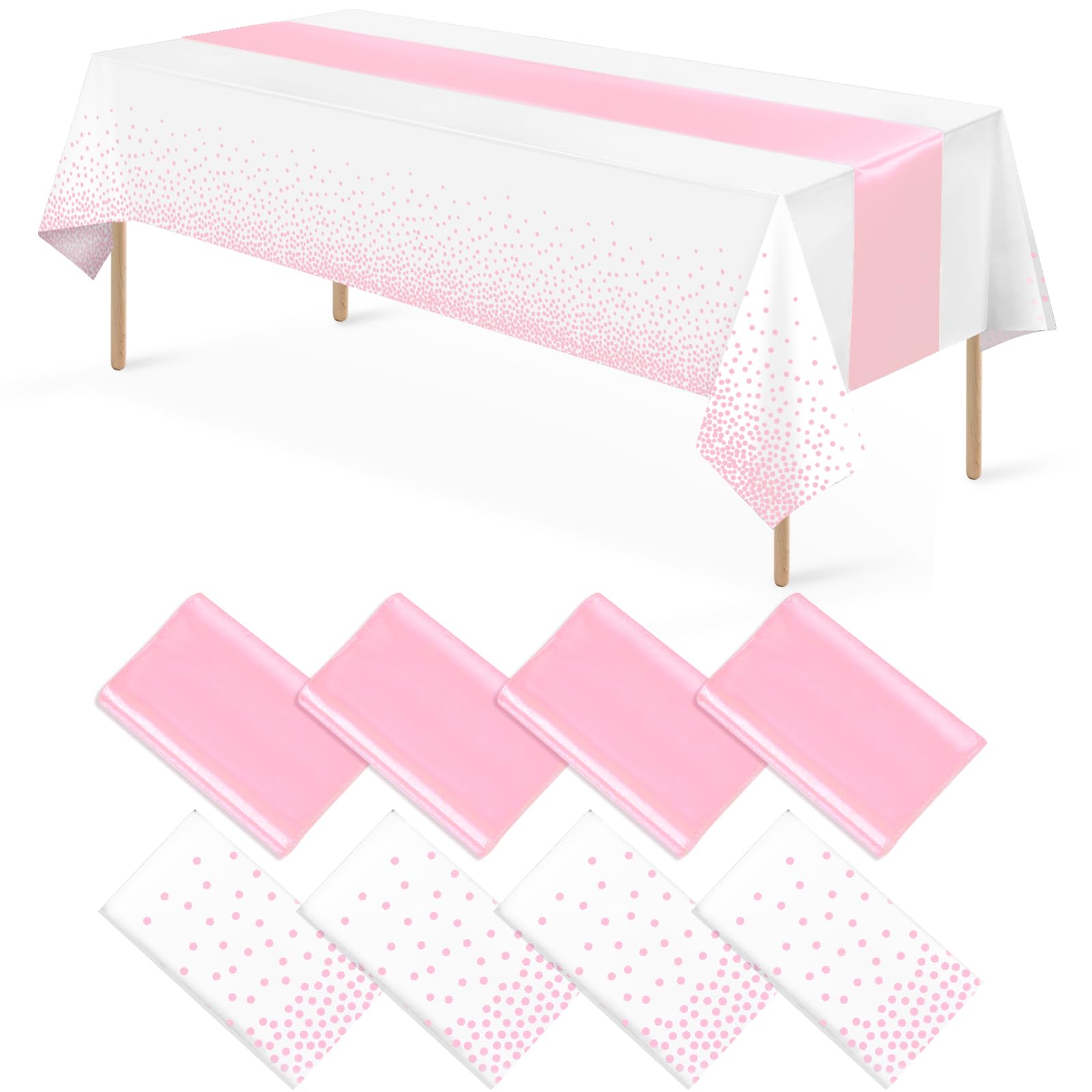 8Pack Disposable Plastic Tablecloths and Satin Table Runner Set White Pink Dot Table Cloth Gold Satin Table Runner for Graduatio