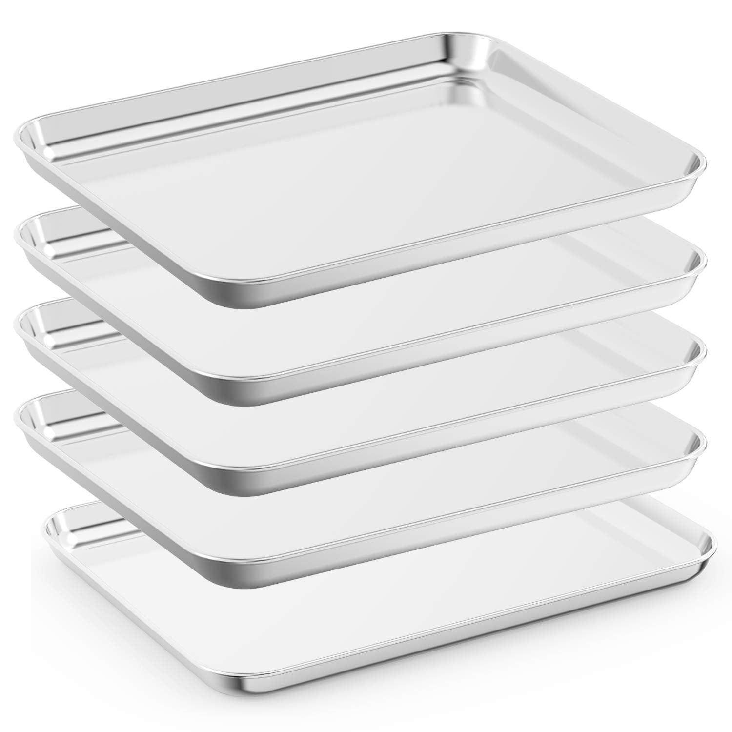 Bastwe Baking Sheet Set Of 5, Stainless Steel 5 Piece Cookie Sheet, Toaster Oven Baking Pan Set, Rectangle Size 16 X 12 X 1 Inch