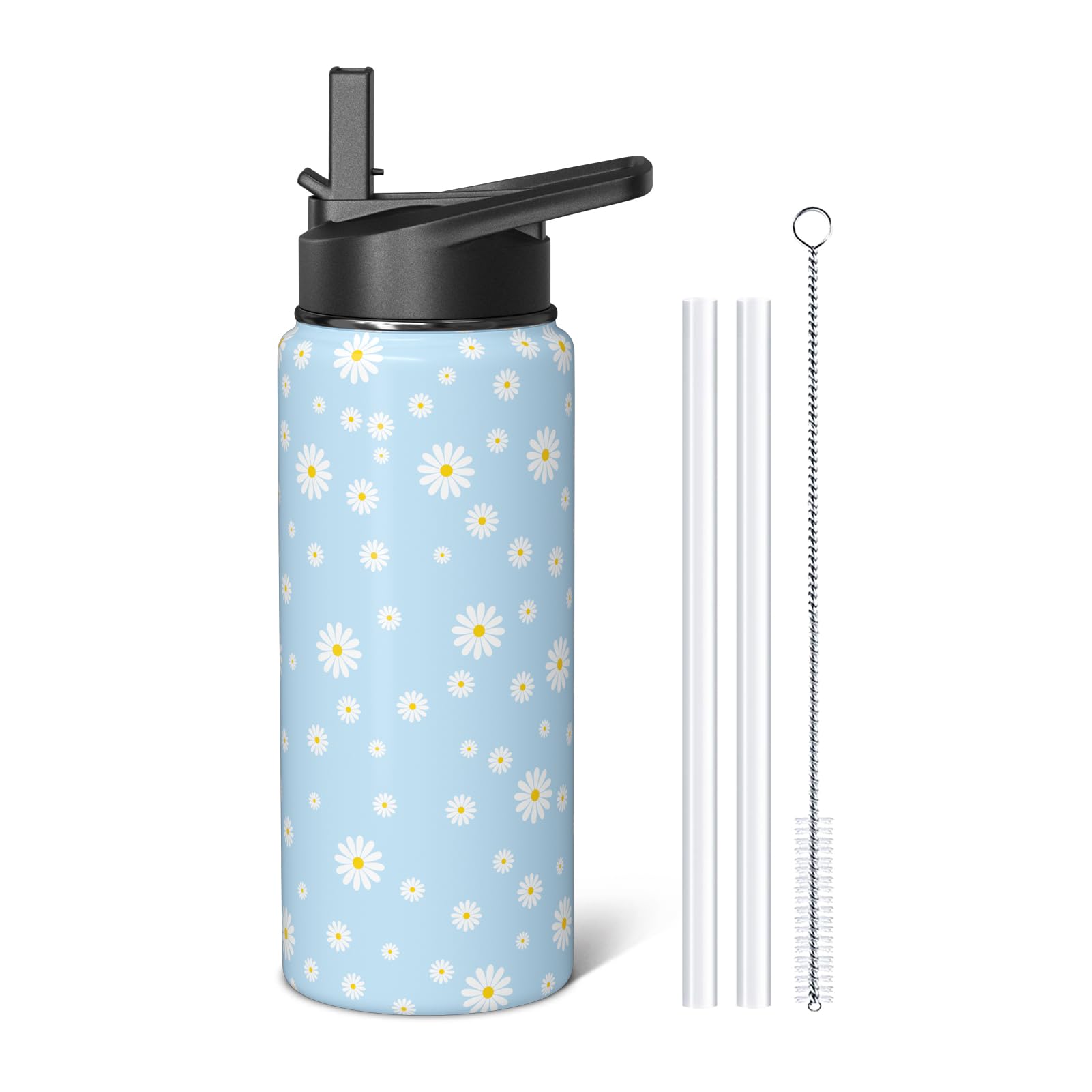 Aokoyi Blue Daisy Floral 18oz Sport Water Bottle with Flip Straw & Lid