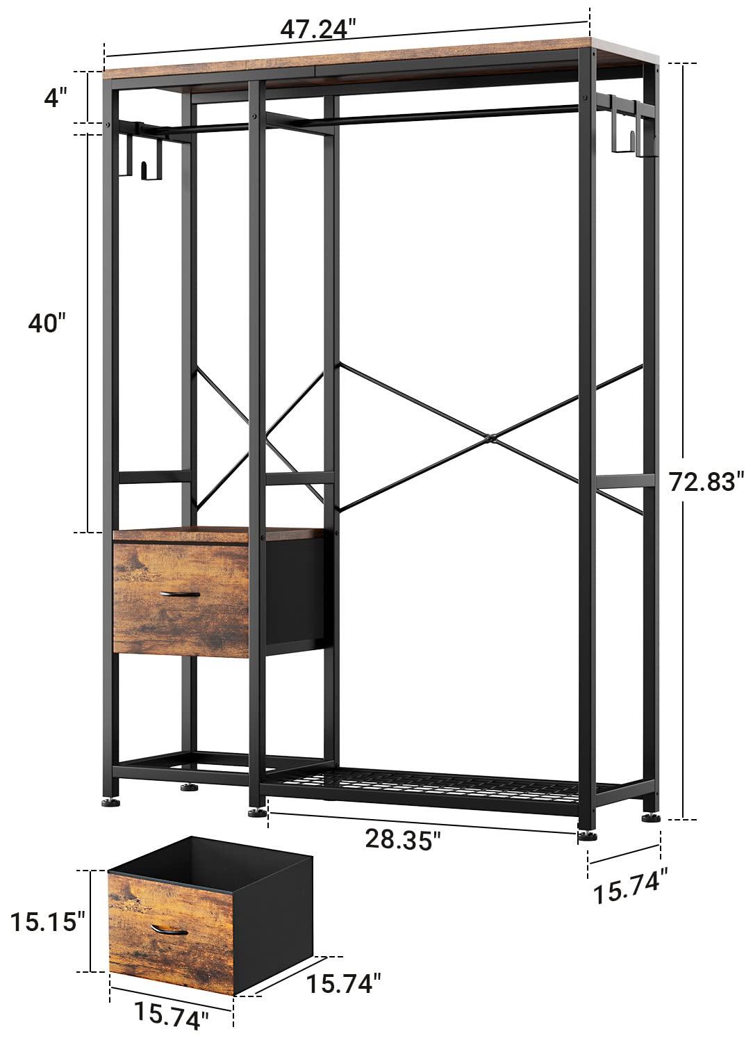 Lulive Clothes Rack, Heavy Duty Garment Rack For Hanging Clothes, Industrial Clothing Racks With Shelves, 2 Fabric Drawers, 4 Ho