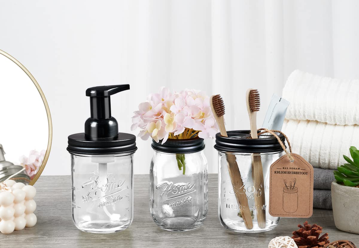 Mason Jar Toothbrush Holder - Premium Rustproof 304 Stainless Steel Lid - Holds 2 Toothbrushes and Toothpaste - Rustic Farmhouse Decor Countertop and Vanity Storage Organizer/Black