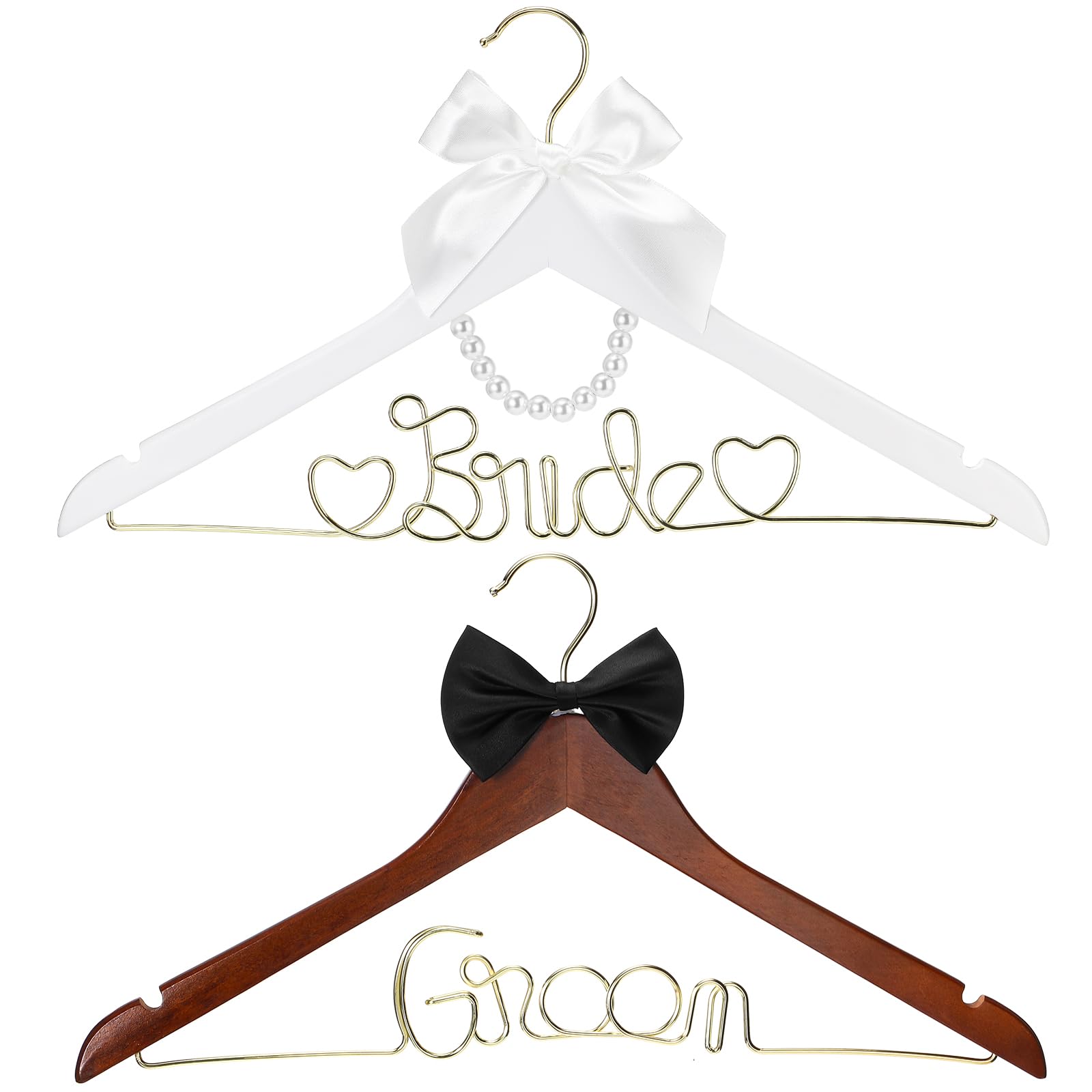 2 Pcs Bride Hanger Bride and Groom Wooden Wedding Dress Hanger Set with Bow Tie for Tuxedo Suit Wedding Gift Bridal Party Shower