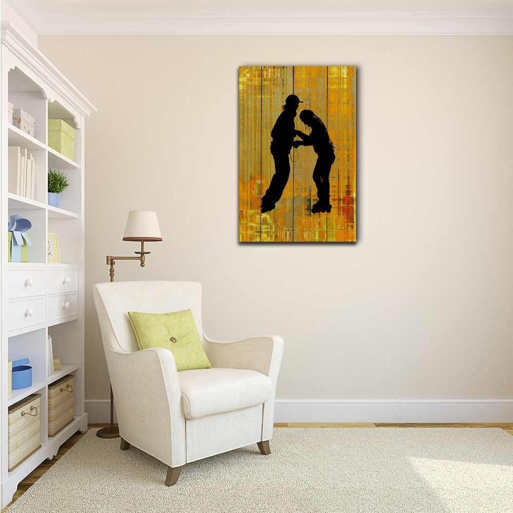 Wall26 - Skateboard Canvas Wall Art - Two Young Man On Rollerstake With Rustic Yellow Background - Gallery Wrap Modern Home Art
