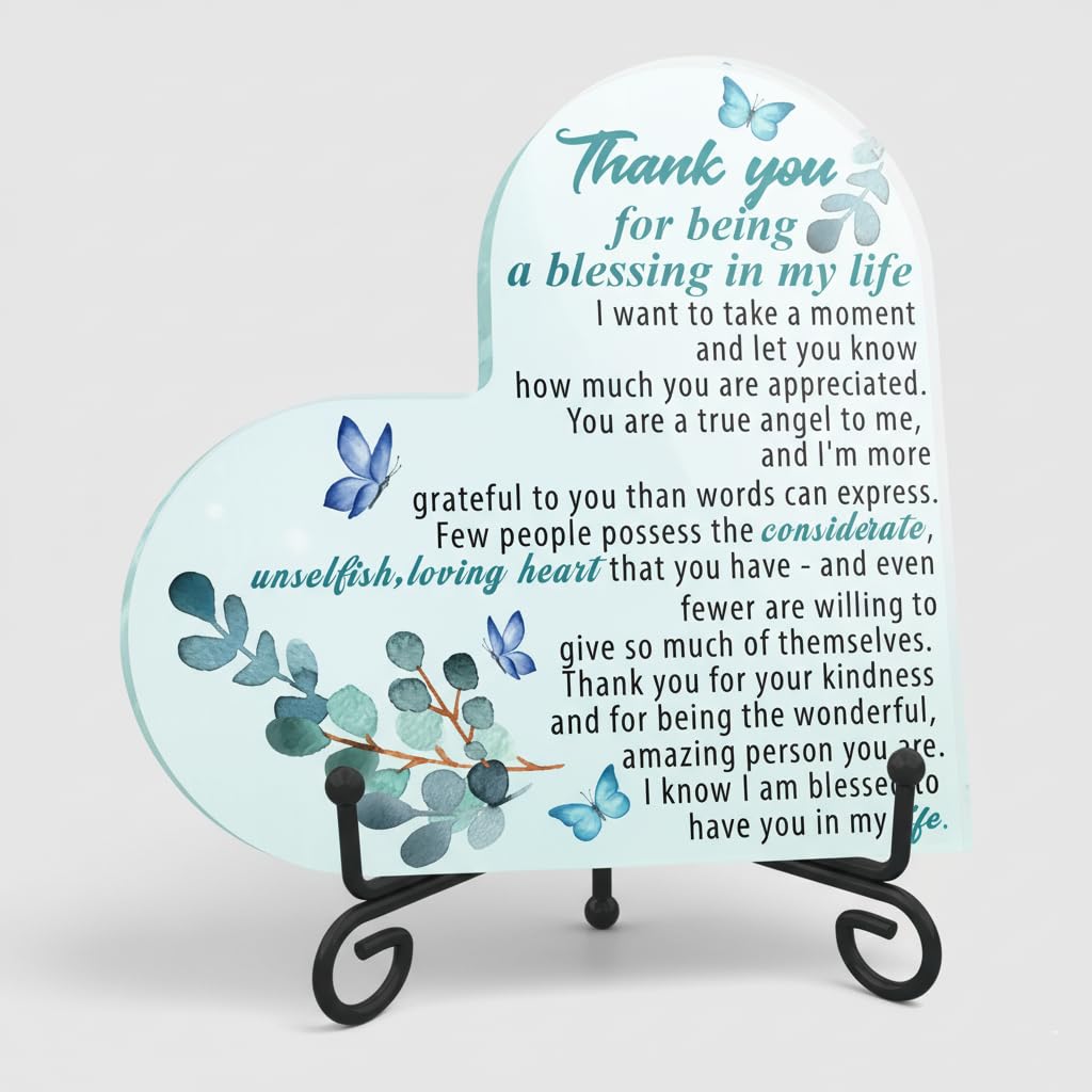 Thank You Gifts for Women Men, Thank You for Being a Blessing in My Life Acrylic Heart Plaque with Stand Desk Decor, Appreciatio
