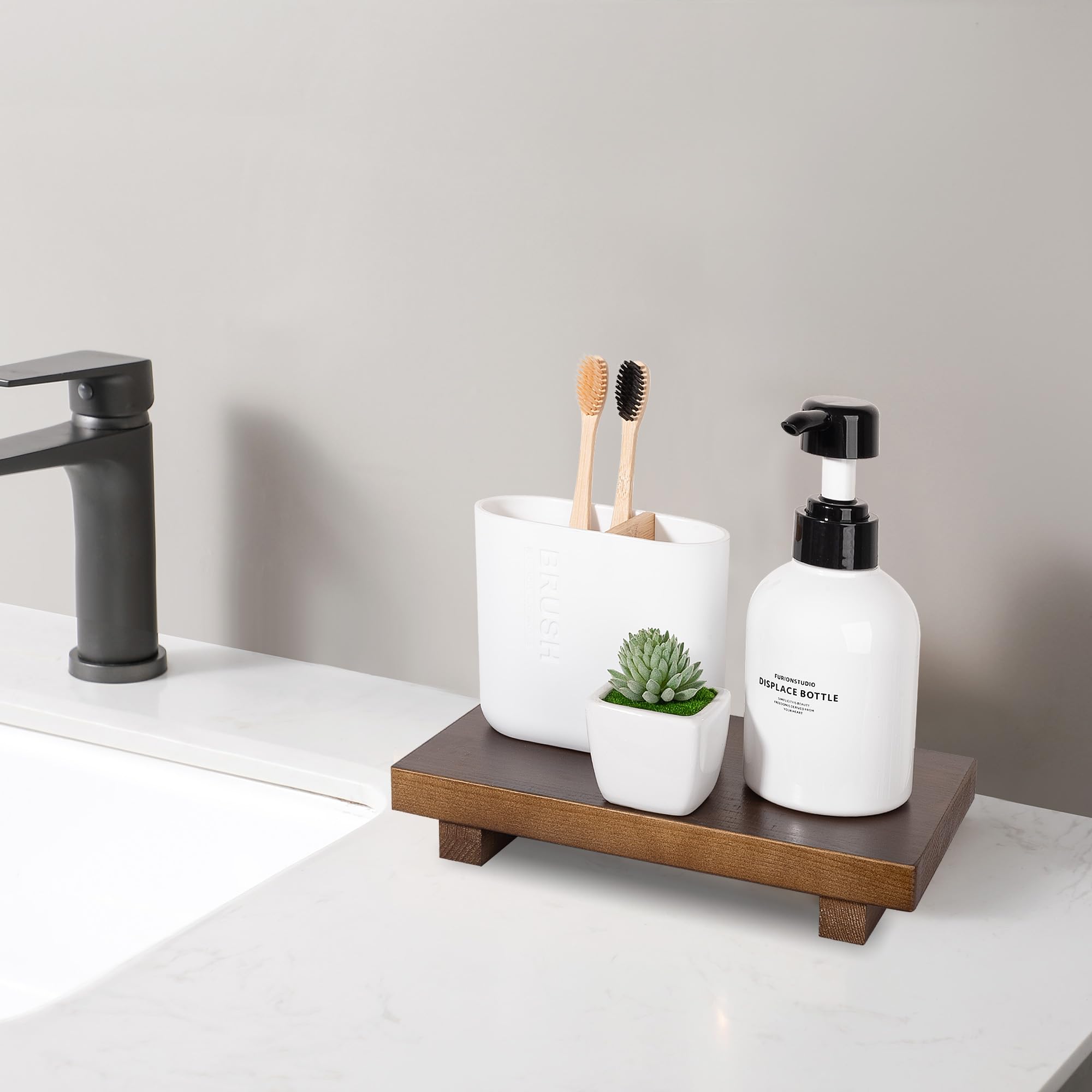 Bathroom Counter Organizer Wood Pedestal Stand Farmhouse Decorative Tray Soap Holder For Kitchen Decor, 9'' X 6'' - Walnut