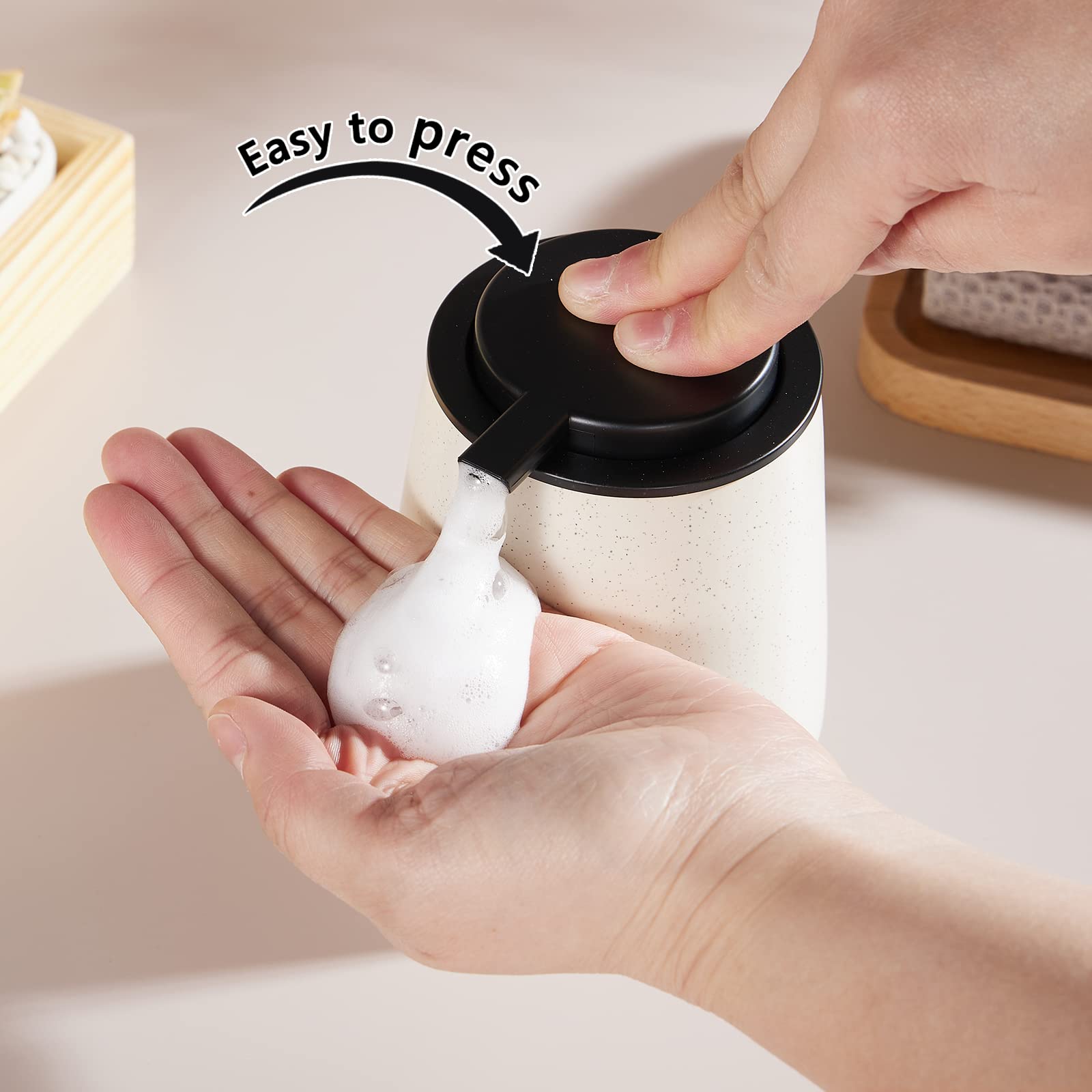 12Oz Foaming Hand Soap Dispenser - Ceramic Bathroom Foam Soap Dispenser with Easy-to-Press Black Pump  Refillable Lotion Hand Soap Dispenser  Dish Soap Dispenser for Kitchen  Speckled Matte Beige