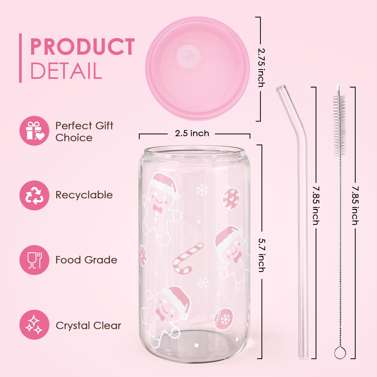 Christmas Gingerbread 16oz Can Glass Tumbler with Acrylic Lid & Straw, Iced Coffee Cup for Women Girls, Aesthetic Cups Gifts for
