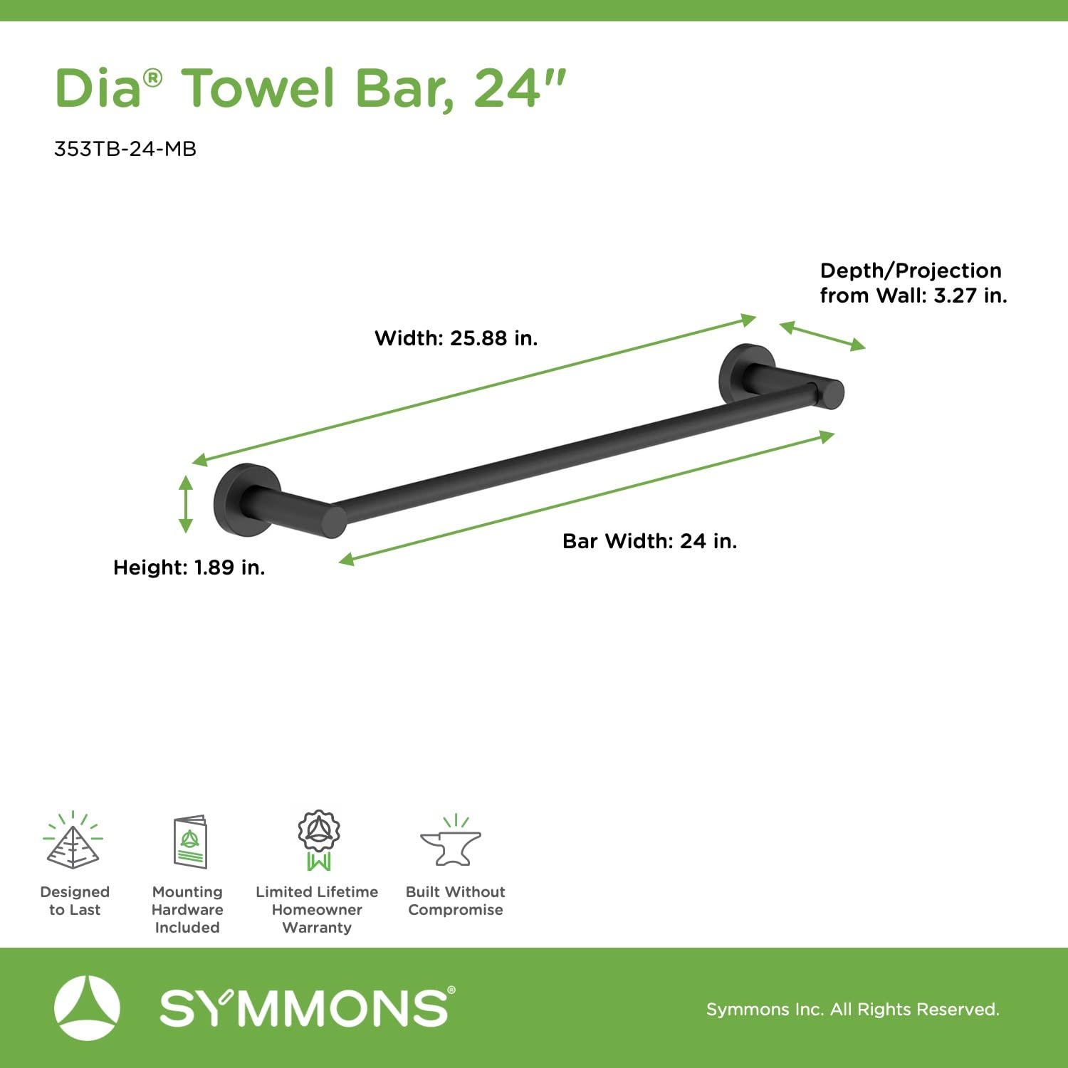 Symmons 353Tb-24-Mb Dia 24 In. Wall-Mounted Towel Bar In Matte Black