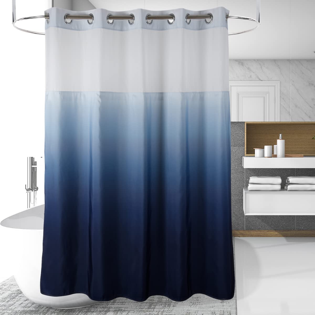 Ecoehoe 71'' W X79 L Hook Free Fabric Shower Curtain With Polyester Snap-In Liner With Magnets-Hotel Quality Top See Through Gra
