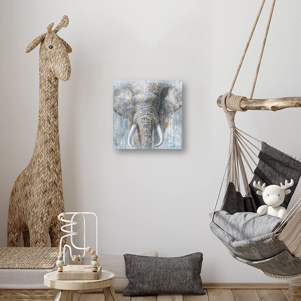 Yidepot Grey Blue Elephant Wall Decor - Wild Animals Canvas Elephants Print For Bedroom Framed Ready To Hang 12X12Inch