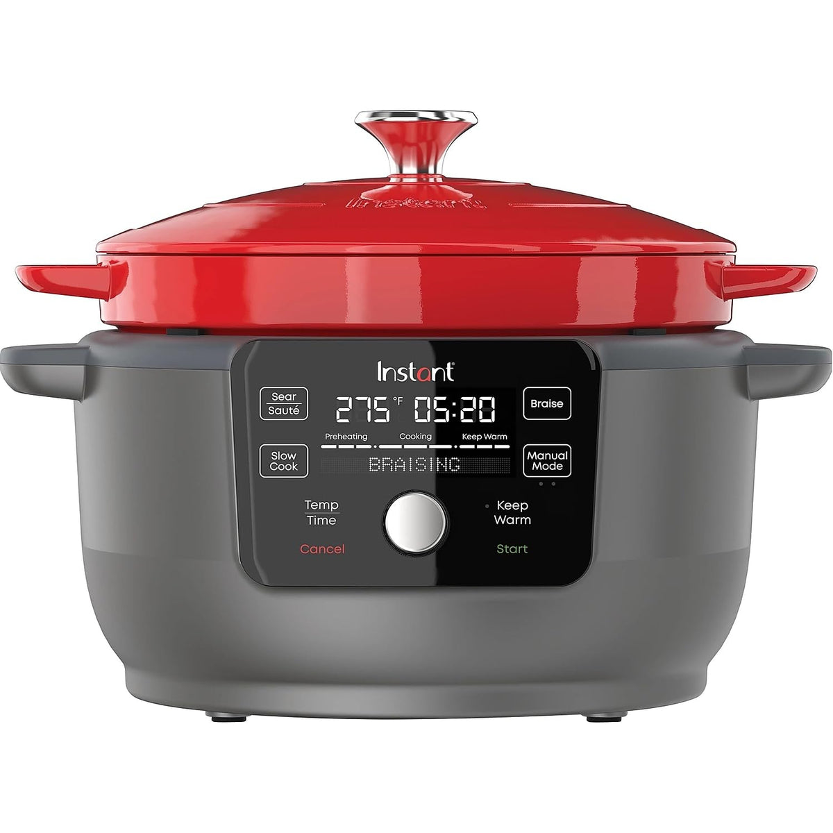 6-Quart 1500W Electric Dutch Oven With Recipe Book - Braise, Slow Cook, Sear, Warm, Red Enameled Cast Iron