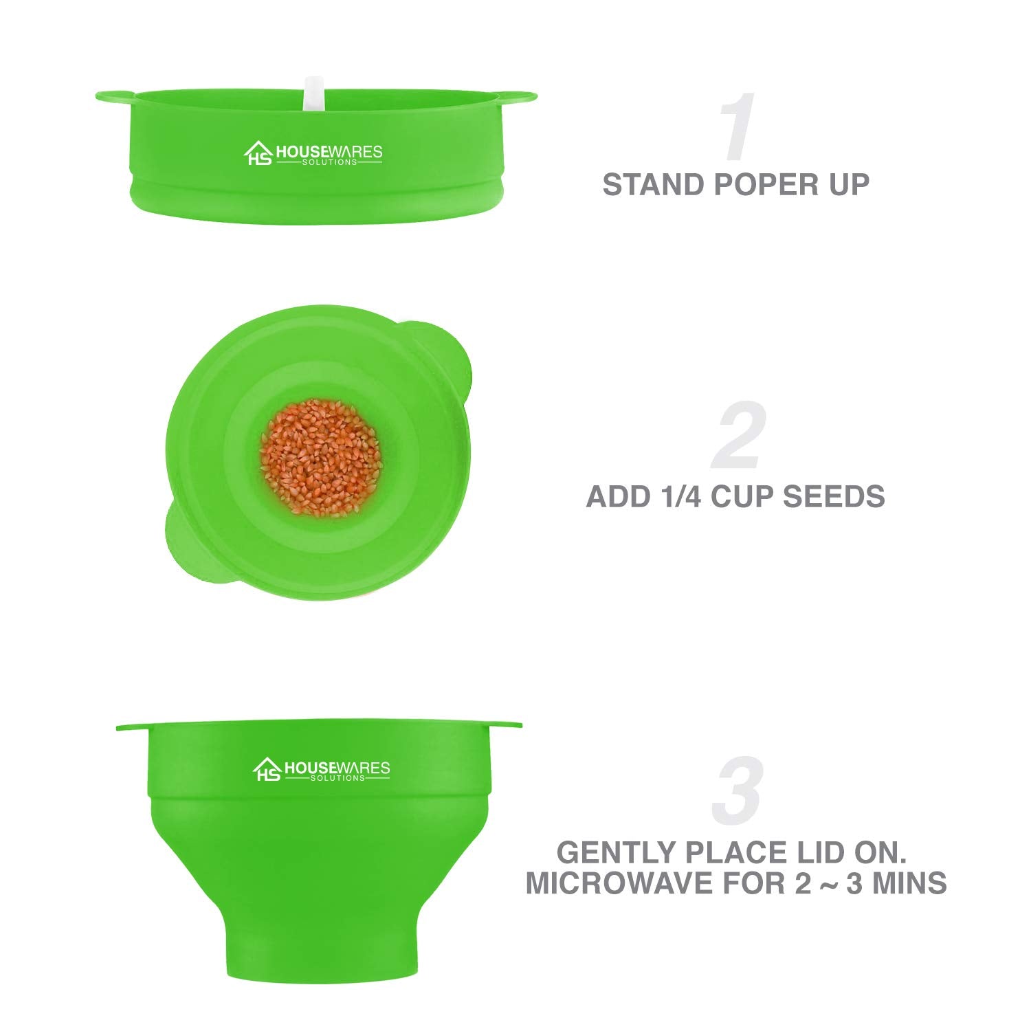 Collapsible Silicone Microwave Hot Air Popcorn Popper Bowl With Lid And Handles - Green
