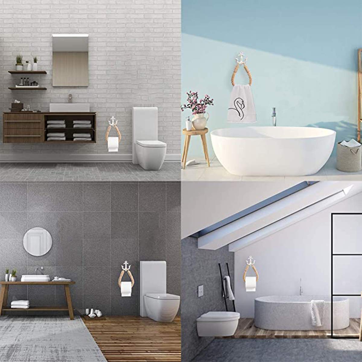 2 Pcs Nautical Rope Toilet Paper Holder Wall-Mounted Towel Ring Nautical Toilet Paper Holder With Metal Hooks Coastal Towel Rack