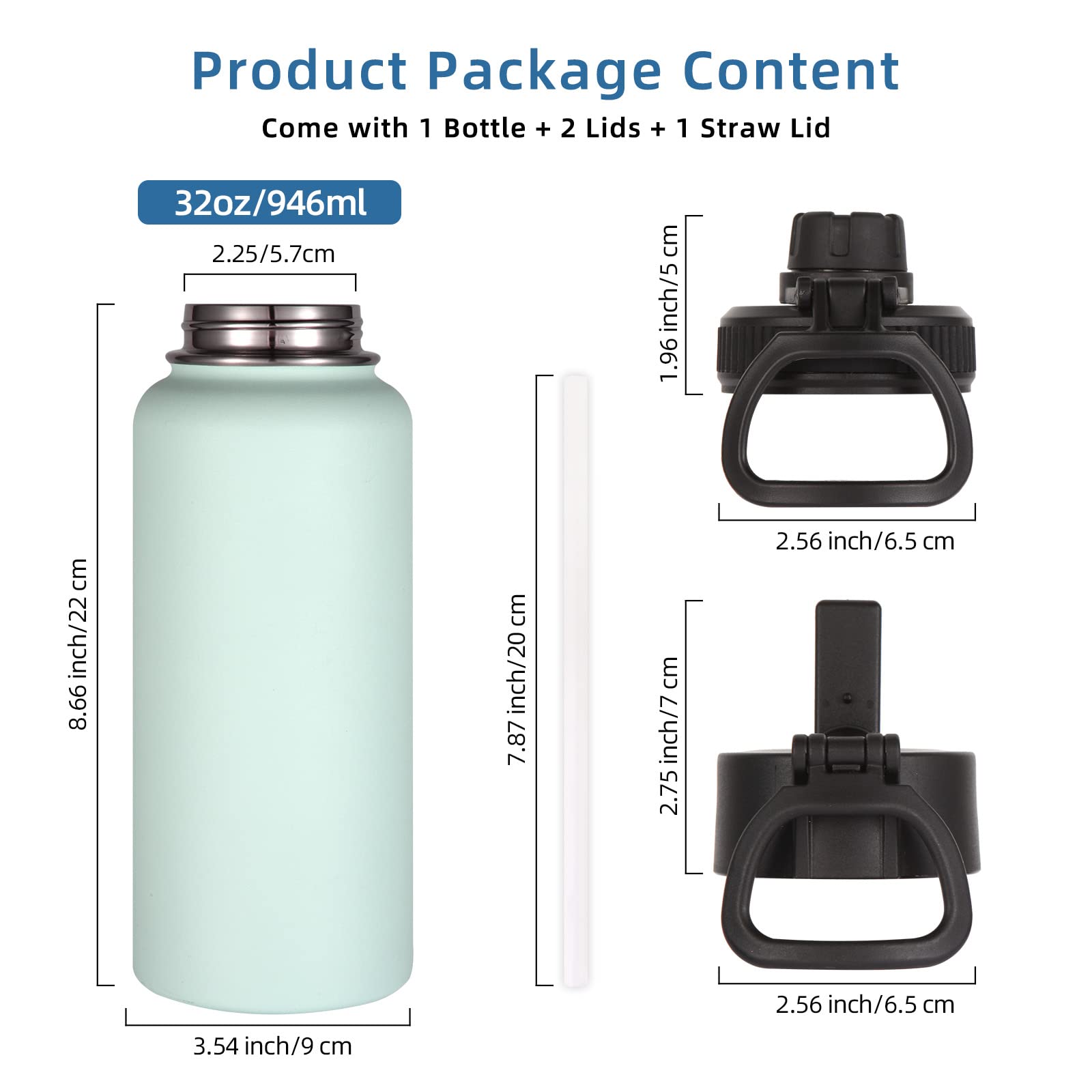 Volhoply 32 oz Insulated Water Bottles Bulk 2 Pack with Straw Lid & Spout Lid Stainless Steel Sports Water Bottle Double Wall Vacuum Thermos Leakproof Wide Mouth Metal Flask for Hiking Camping(Fog 2)