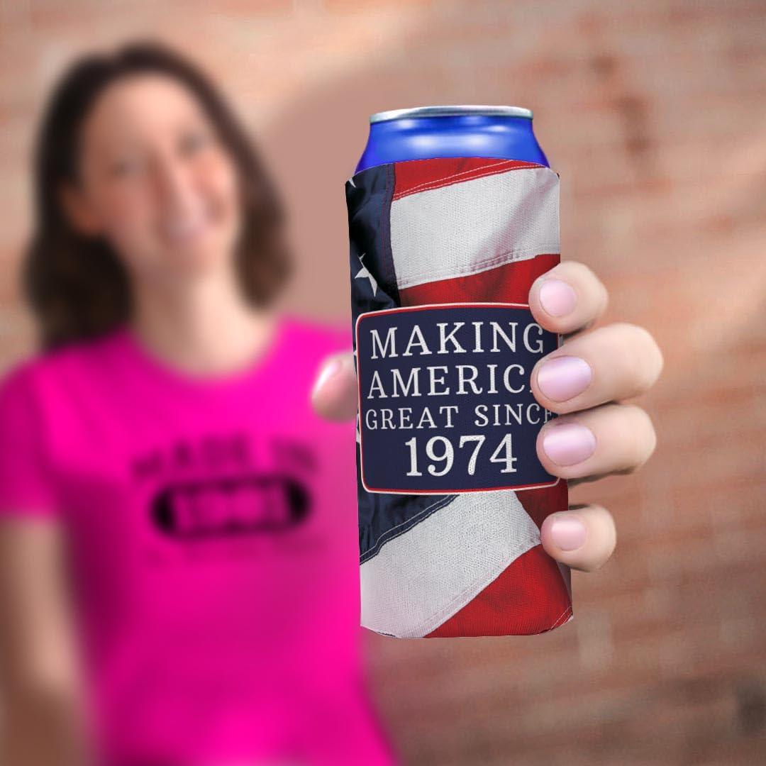 50Th Birthday Coolie Making America Great Since 1974 12-Pack Ultra Slim Can Coolies Us Flag