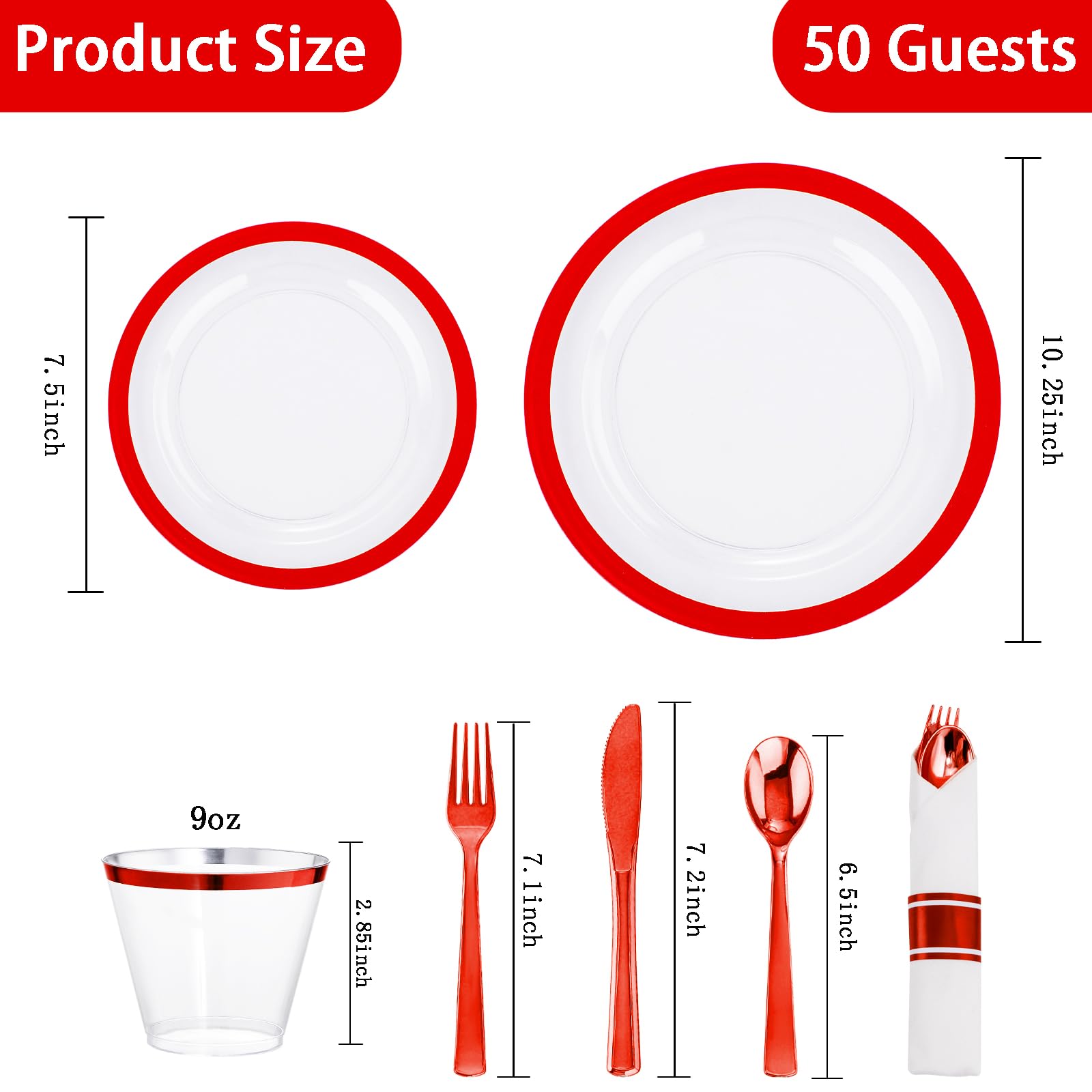I00000 350 Pcs Clear And Red Plastic Plates,Valentines Disposable Dinnerware Set, Include 50 Dinner Plates 10.25'', 50 Dessert P