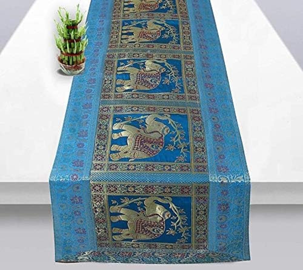 Real Online Seller Traditional Turquoise Silk Table Runner Decorative Silk Table Cloth Indian Decor Ethic Floral Designed Center Table Cover 60X16 Inchs