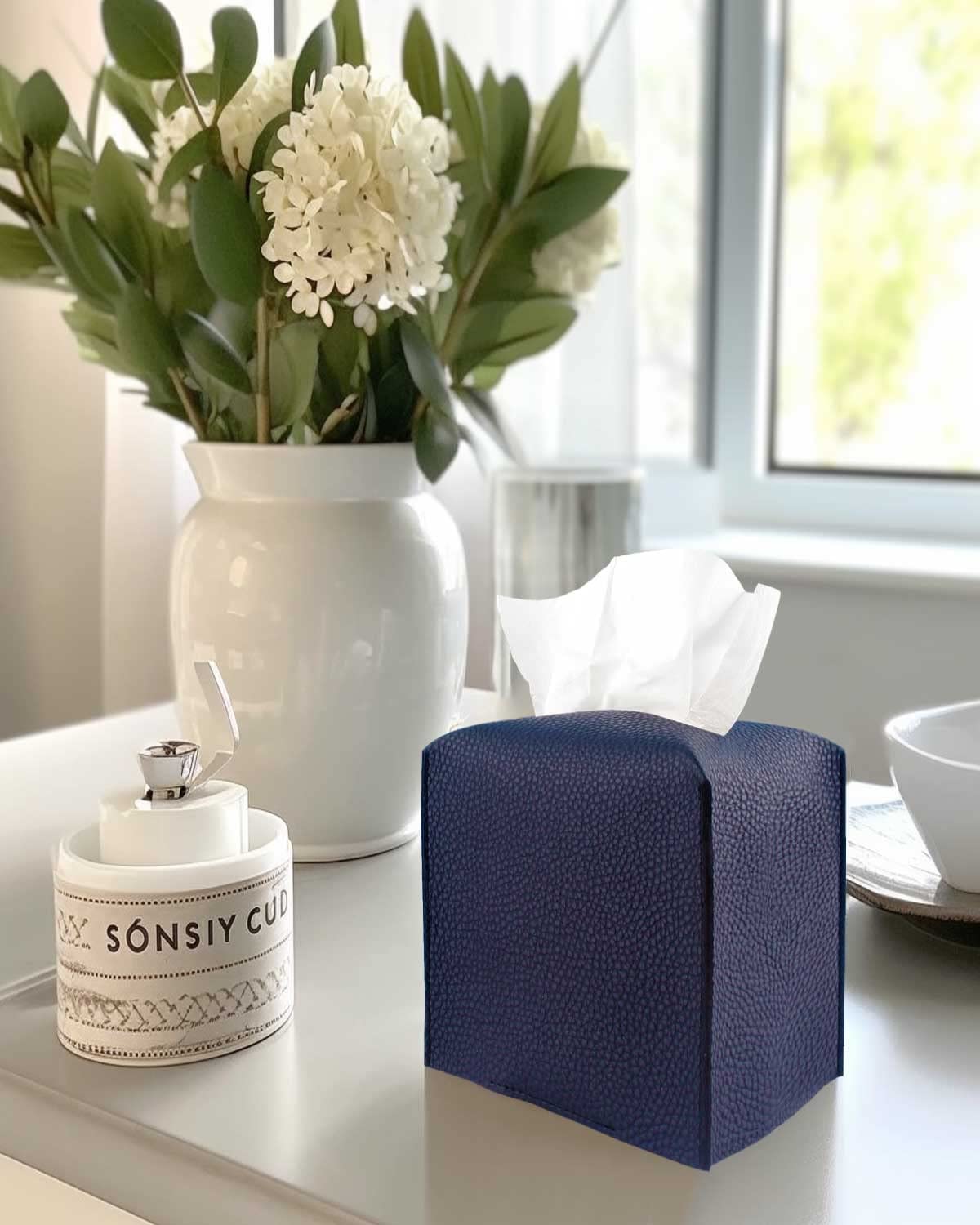 Tissue Box Cover Square Leather - Tissue Box Holder With Bottom Belt [Jesmini, Navy Blue] Decorative Cube Tissue Holder For Bath