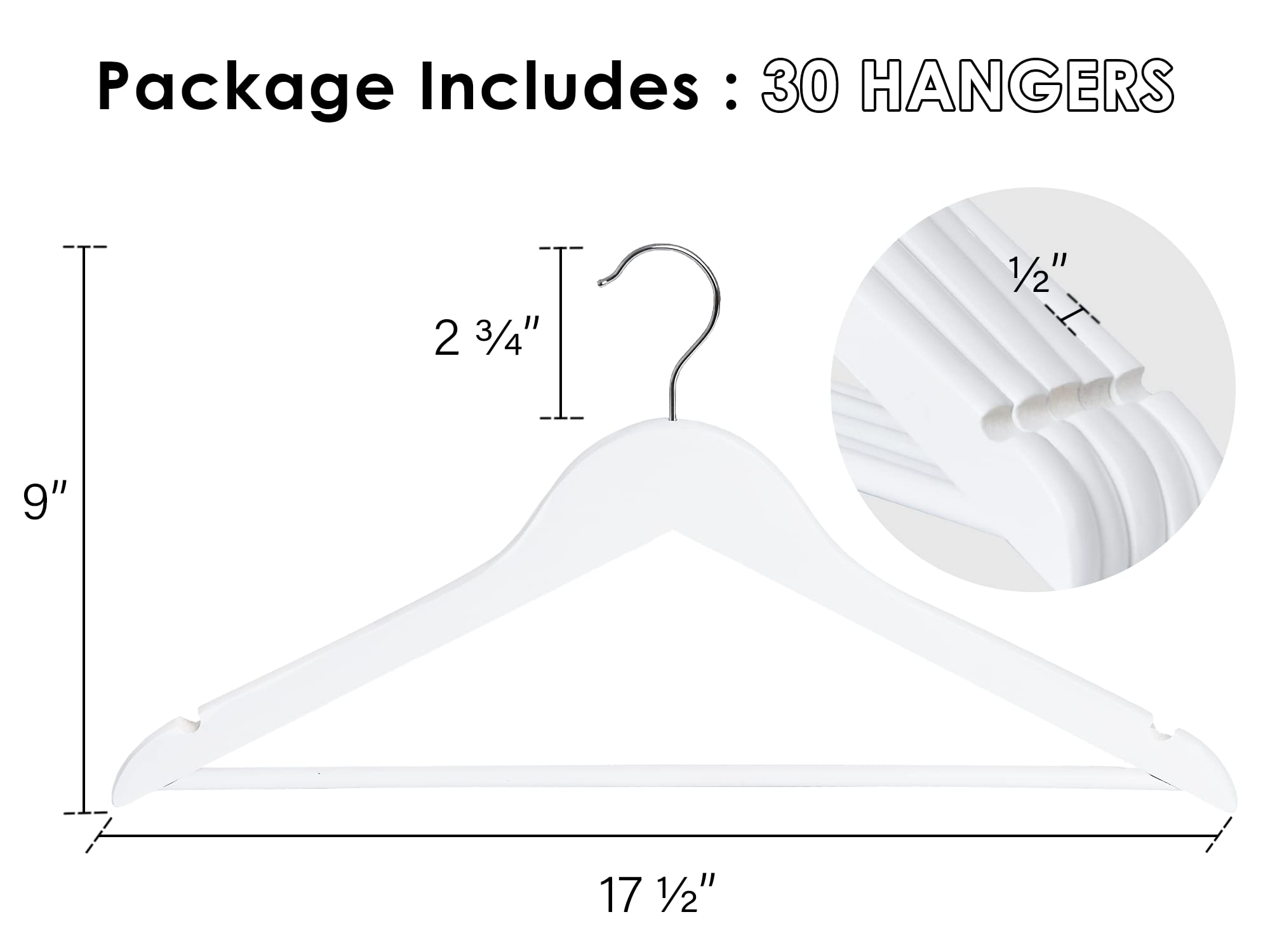 Storageworks White Wood Hanger, Natural Wood Hangers 30 Pack, White Wooden Hangers For Closet, Wooden Coat Hangers For Coats, Sh