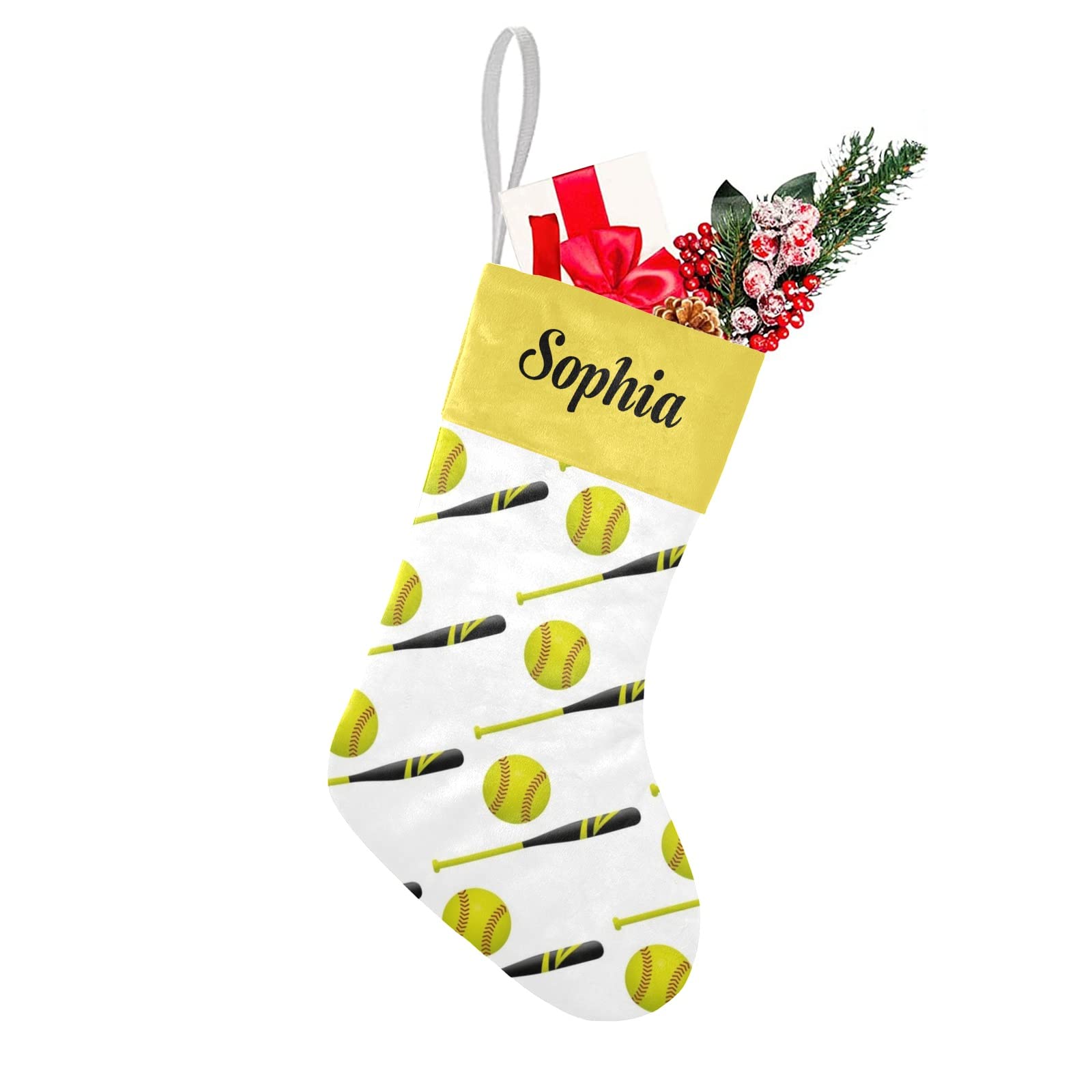 Yellow Softball Christmas Stockings Custom Name Party Family Decor Festive Santa Candy Gift Bag Socks 17.52 x 7.87 Inch