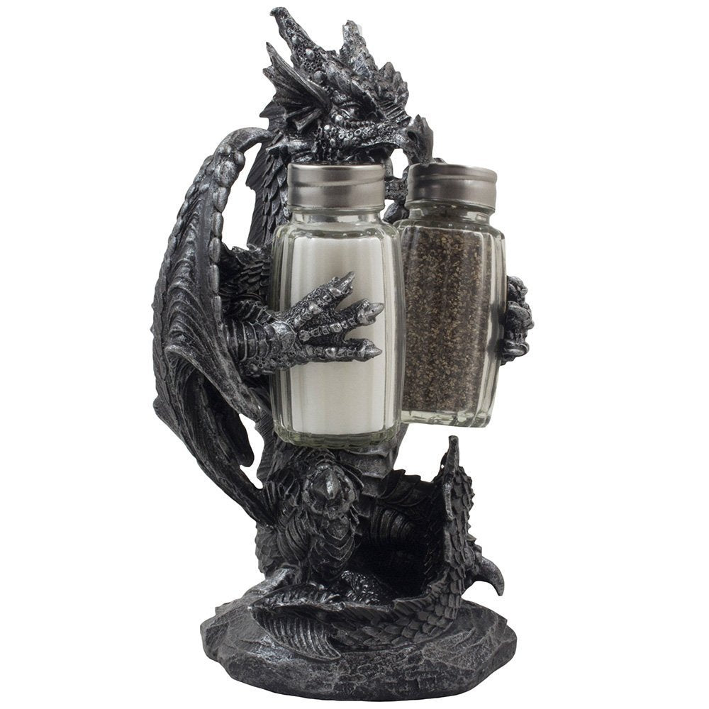 Mythical Dragon Salt And Pepper Shaker Set With Holder Figurine For Medieval & Fantasy Bar Or Kitchen Table Decor Sculptures And