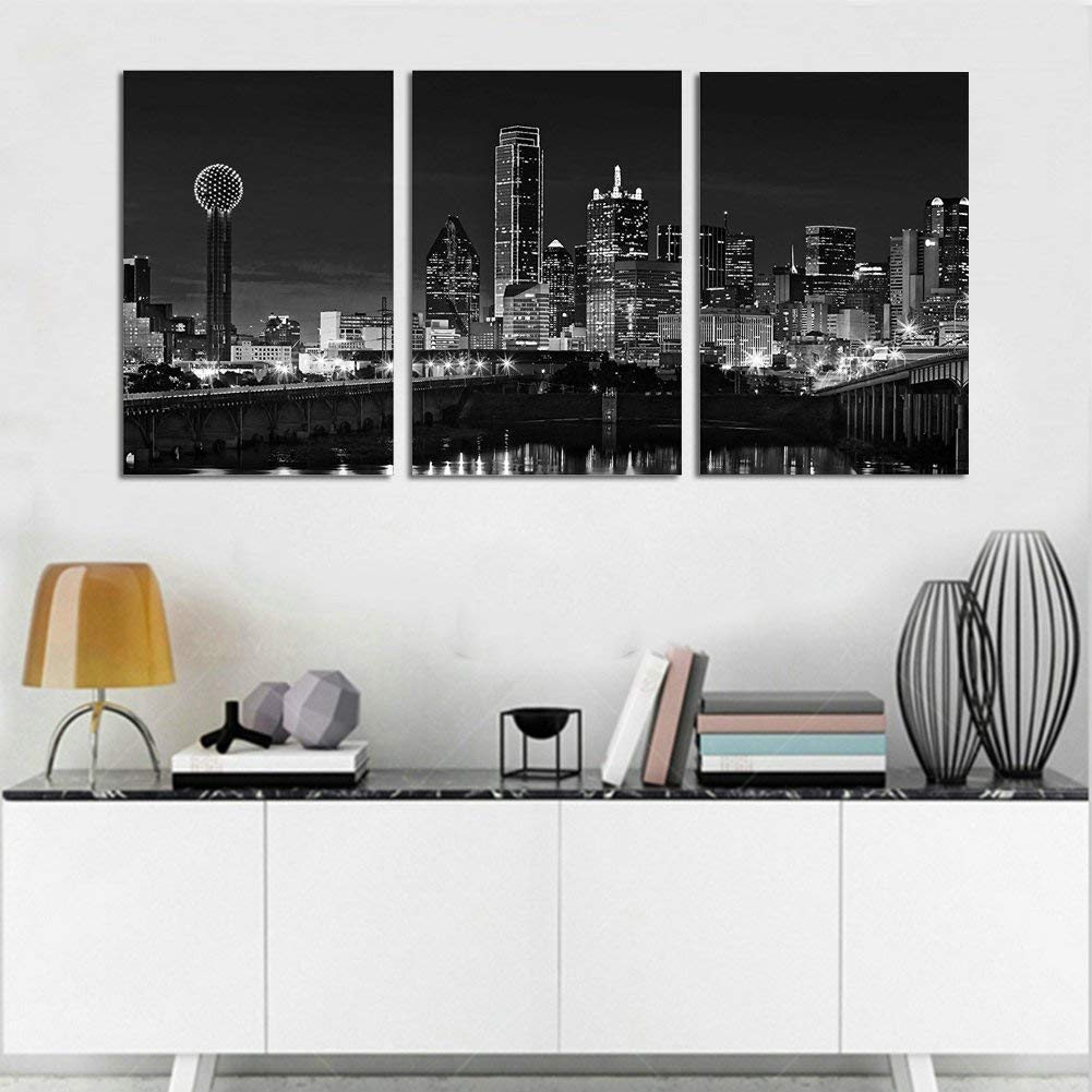 NAN Wind 3 Pcs Wall Art Dallas Skyline Black & White Canvas Art Paintings For Room Decor Dallas Cityscape Skyscrapers Night Scene Picture Prints On Canvas For Home Decor Modern Giclee Framed