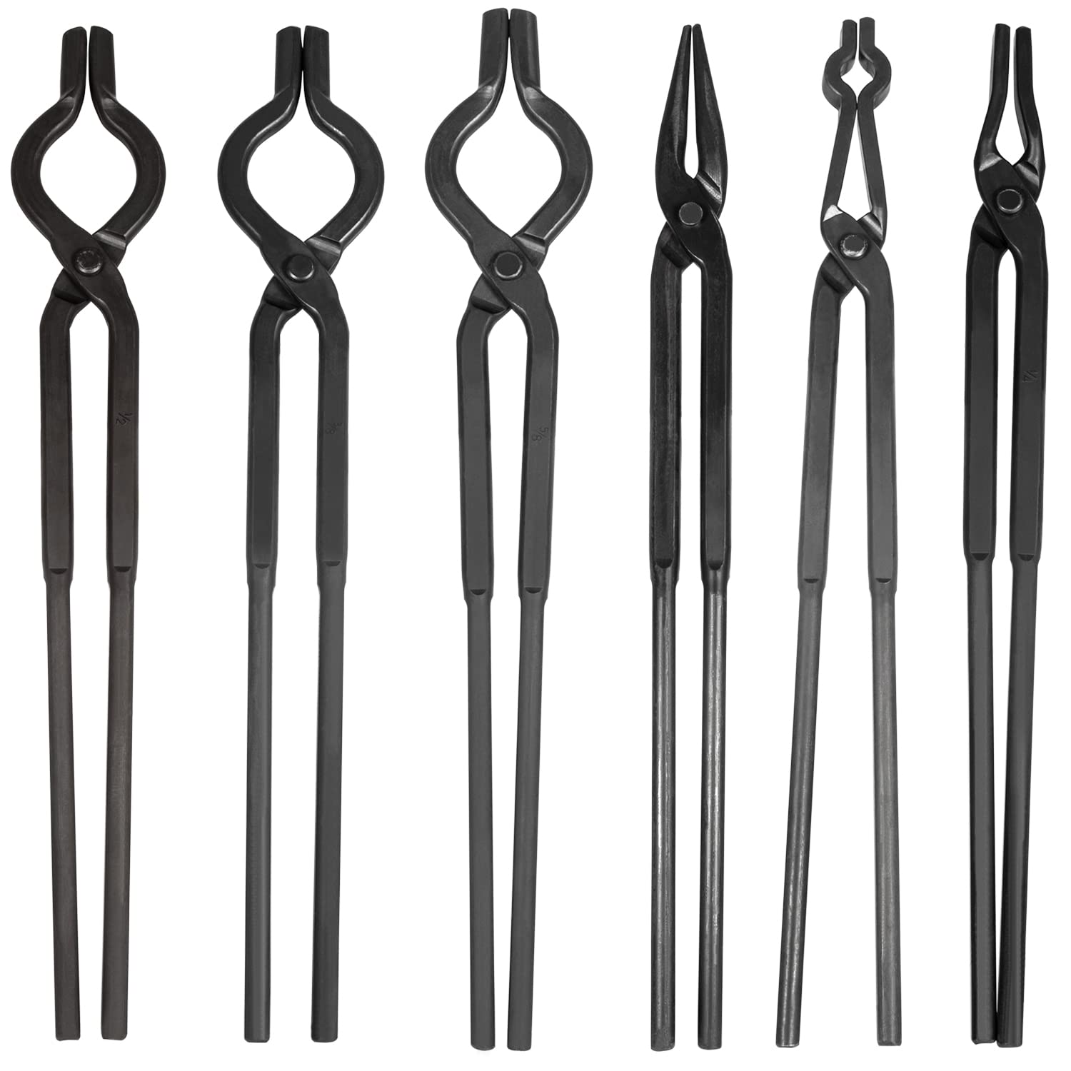Beginner Blacksmith Tongs Blacksmith Forge Tong Tools Set Includes 1/4 Flat Jaw, Pick Up, Scroll, 3/8 1/2 5/8 V-Bit Tongs (6 Pie