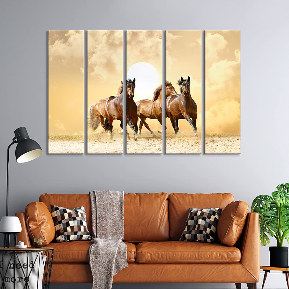 999Store 5 Panel Wall Painting Wall Frames Wall Hanging Three Brown Horse Run On The Sun (Mdf_Size_76X130 Cms_Color_Brown) S5Fra