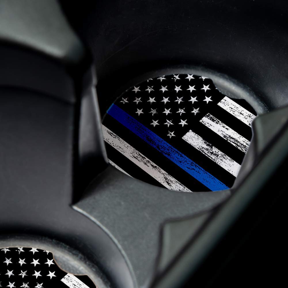Thin Blue Line  Car Coasters for drinks Set of 2  Perfect Car Accessories with absorbent coasters. Car Coaster measures 2.56 inches with rubber backing.