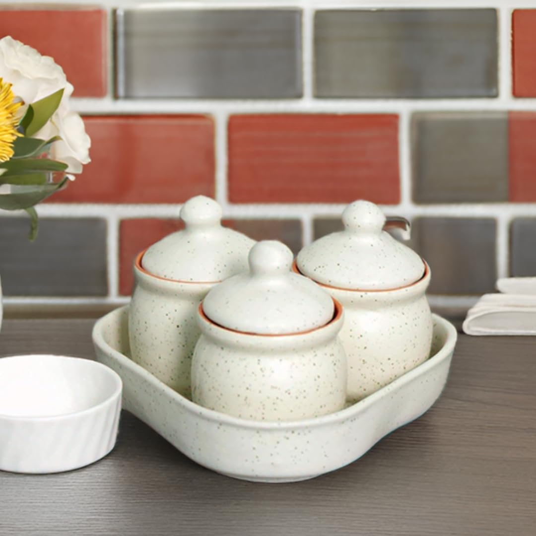 Kreative Homes Ceramic Jars With Lid And Holding Tray Multipurpose Barni For Chutney | Pickle Jar Storage Container | Dining Tab